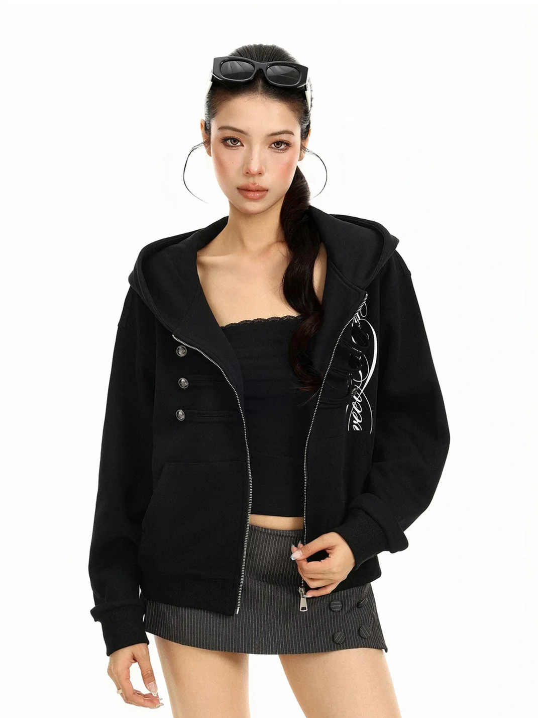 BIGGOLD | Double-Breasted Graphic Zip-Up Hoodie