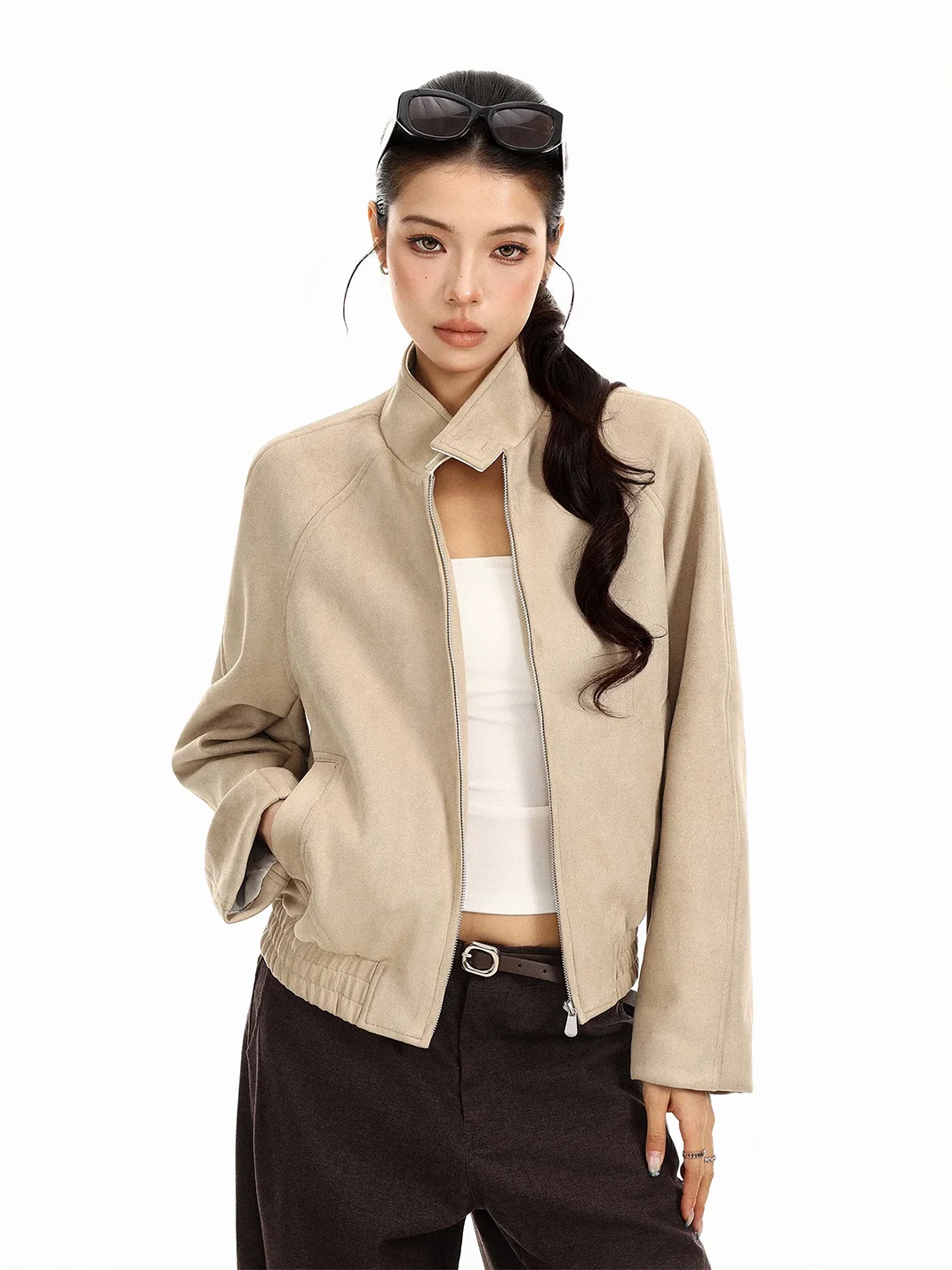 BIGGOLD | Suede-Texture Stand Collar Cropped Jacket