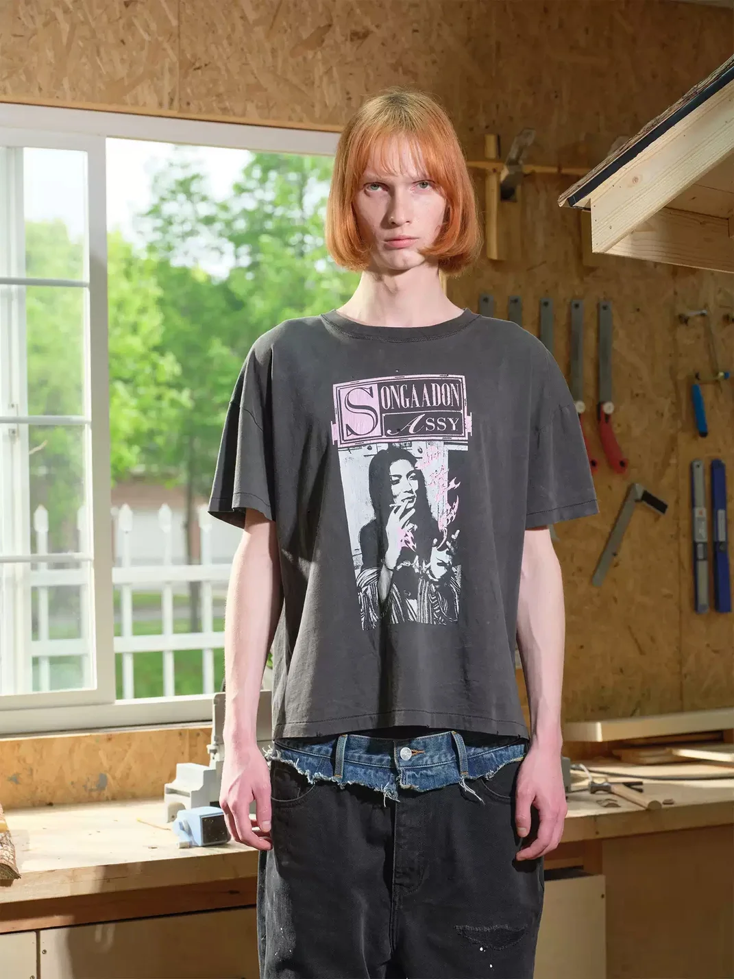 SONGAADON | Distressed Washed Cropped Portrait T-Shirt