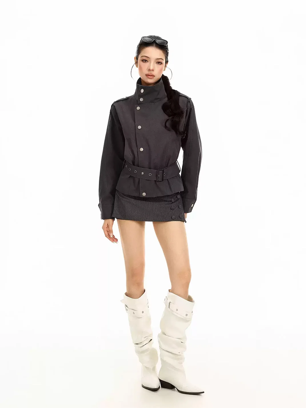 BIGGOLD | Cropped Stand Collar Belted Jacket
