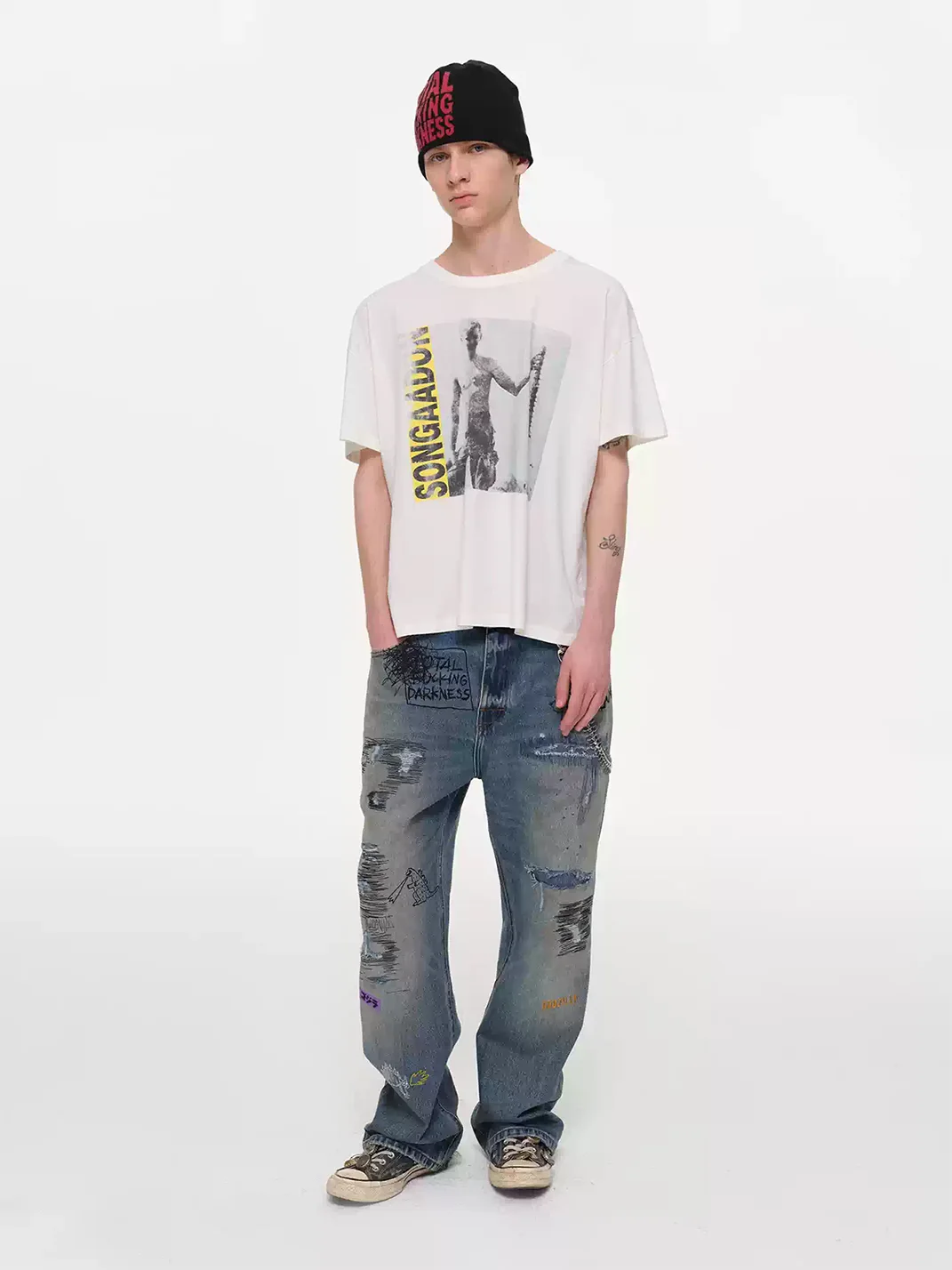 SONGAADON | Distressed Patchwork Embroidered Rhinestone Straight-Leg Jeans