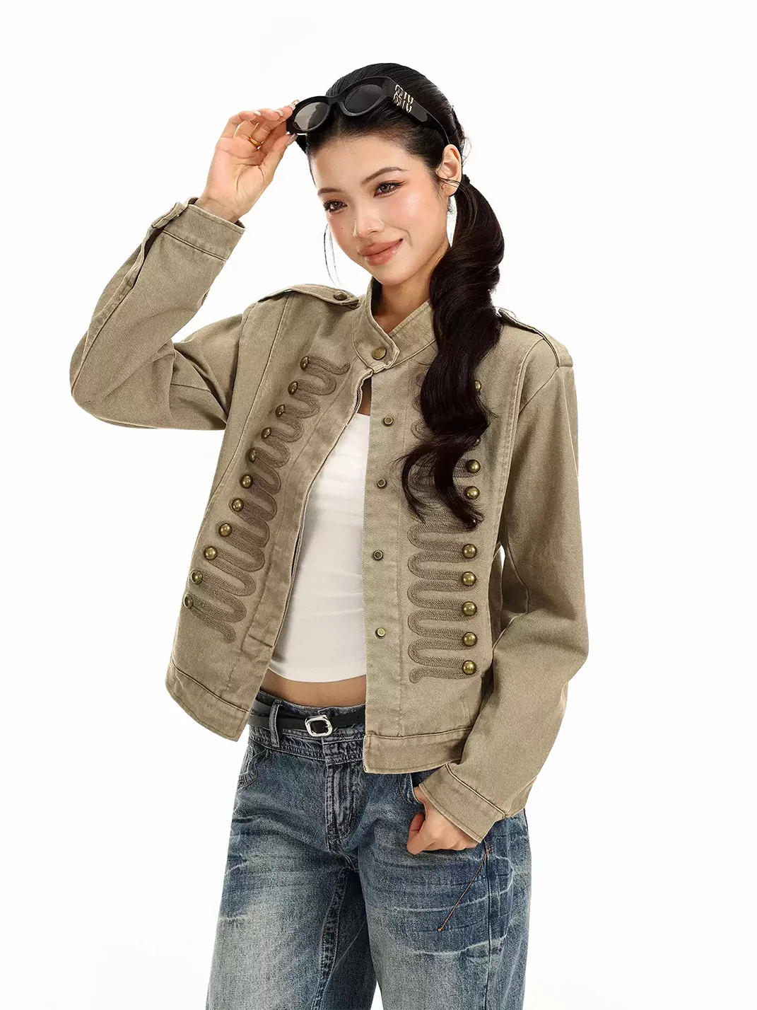 BIGGOLD | Cropped Stand Collar Braided Button Jacket