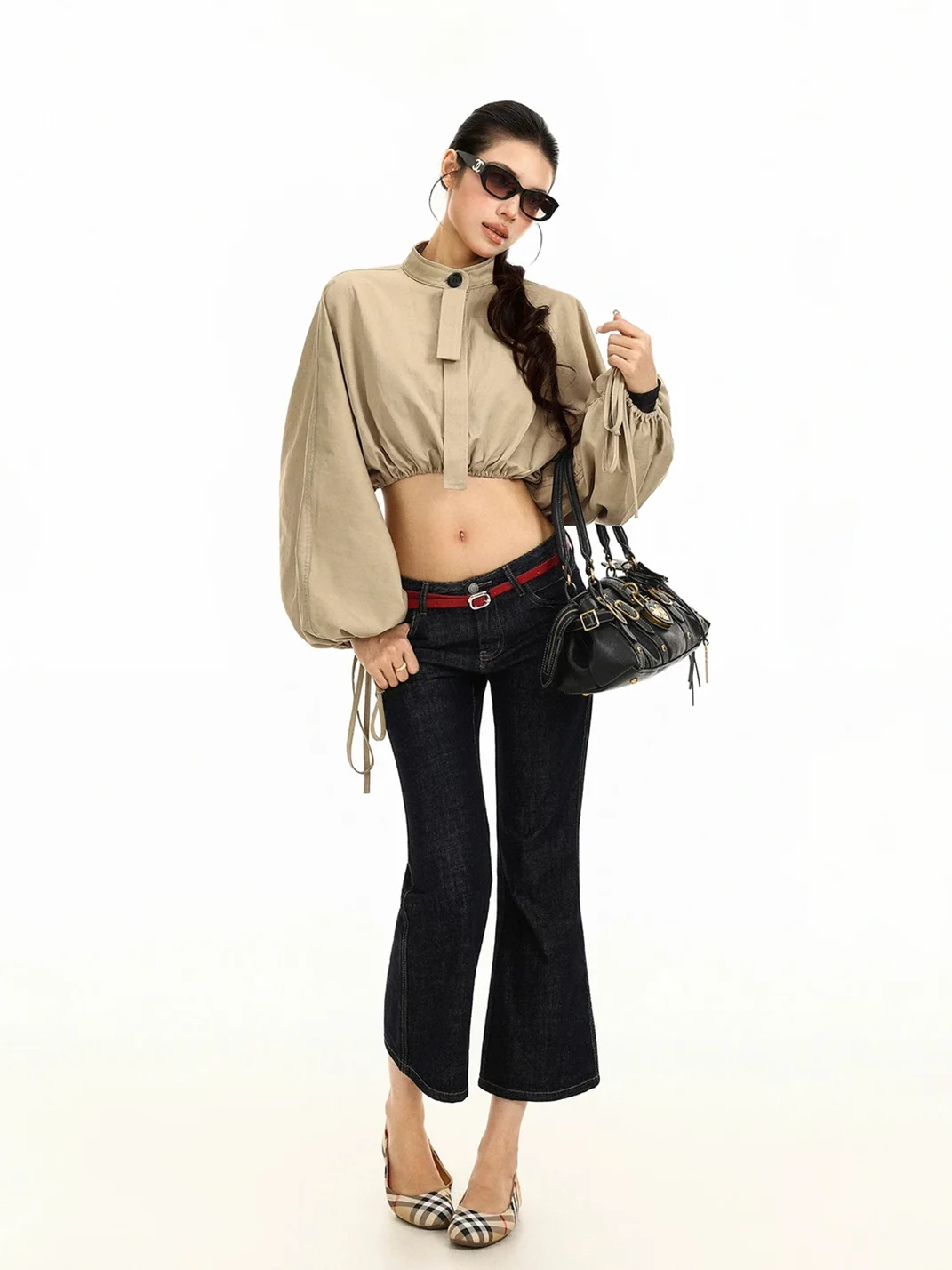 BIGGOLD | Khaki Stand Collar Drawstring Cropped Jacket