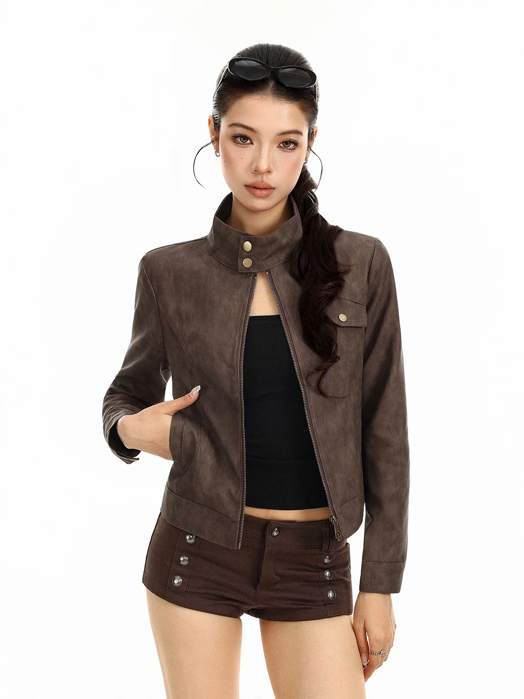 BIGGOLD | Cropped Stand Collar PU Leather Jacket