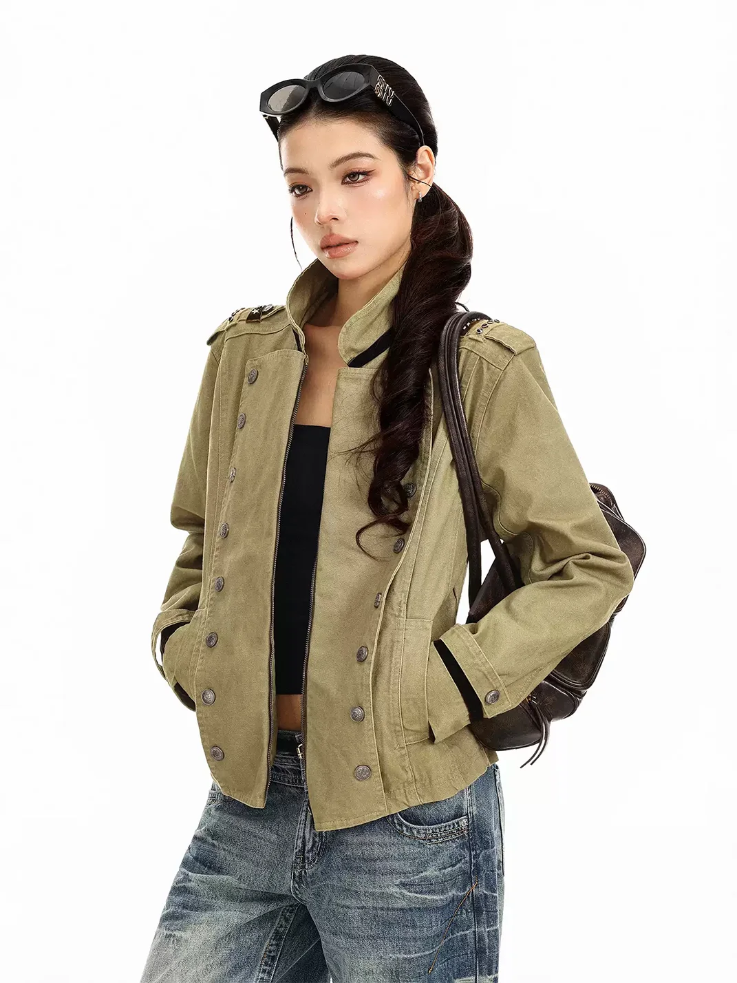 BIGGOLD | Cropped Double-Breasted Stand Collar Jacket