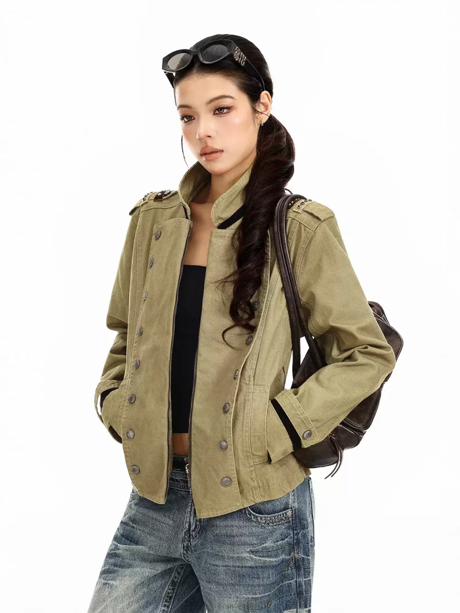 BIGGOLD | Cropped Double-Breasted Stand Collar Jacket - 3