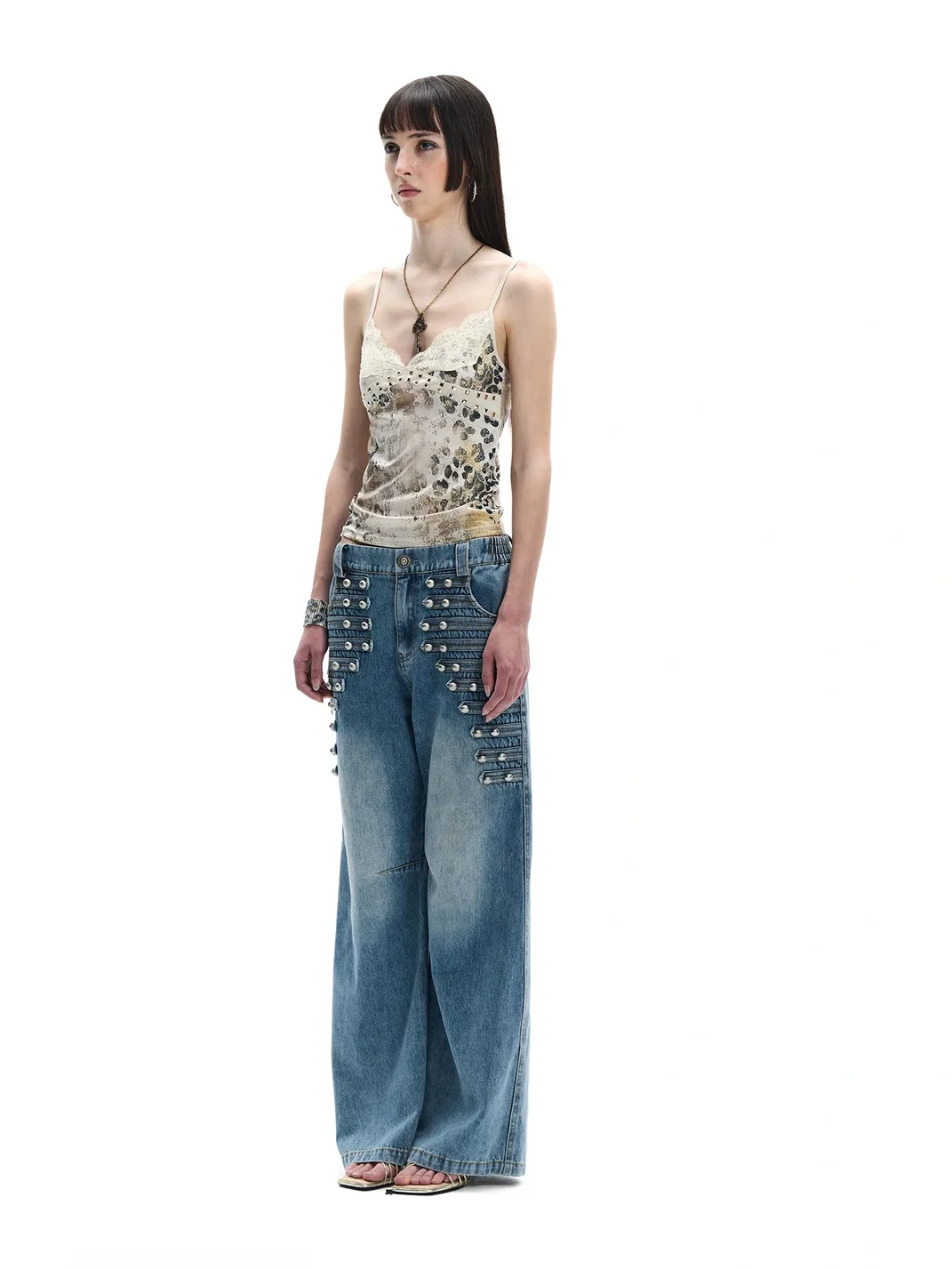 FayChui | Leopard Lace Trim Studded Camisole Tank Top
