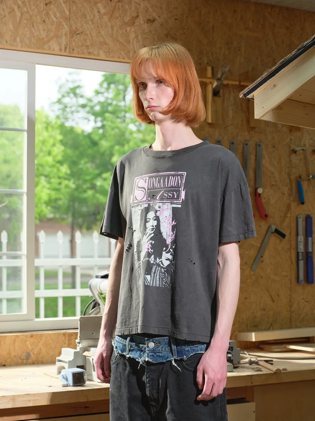 SONGAADON | Distressed Washed Cropped Portrait T-Shirt
