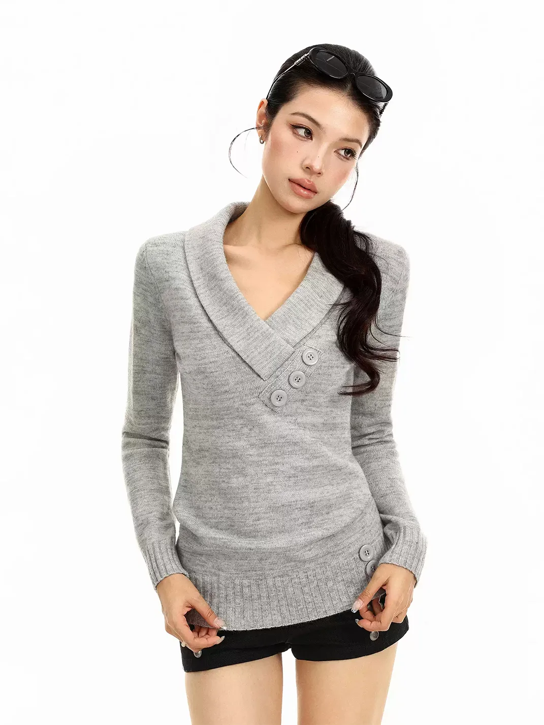 BIGGOLD | Slim Fit V-Neck Long Sleeve Knit Top