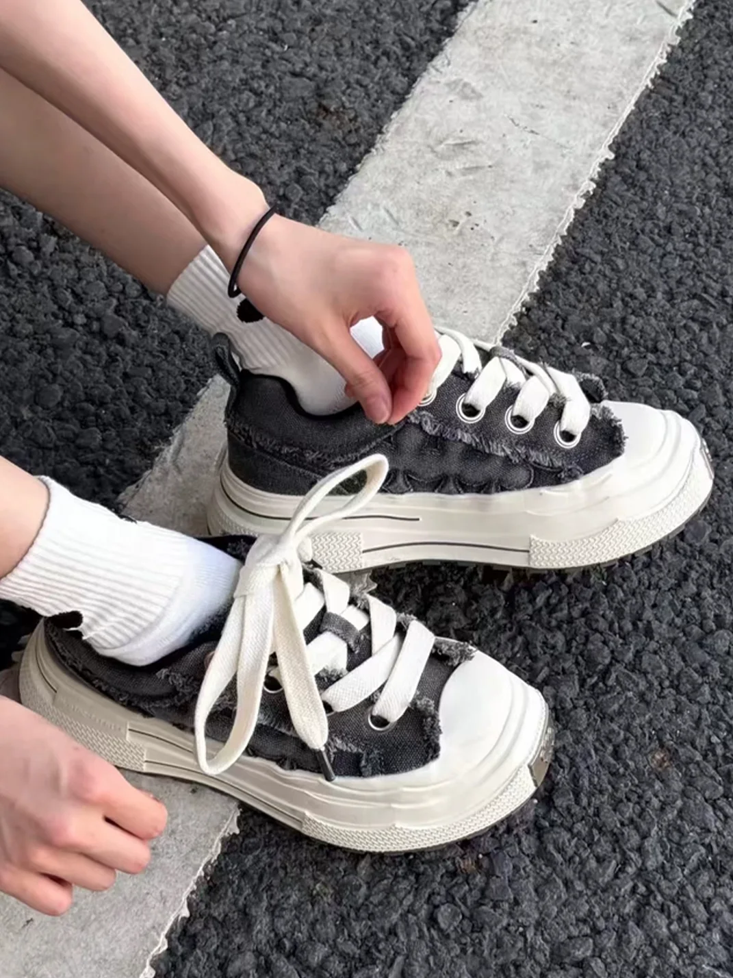 Shootbrand | Distressed Denim Gray Platform Canvas Sneakers