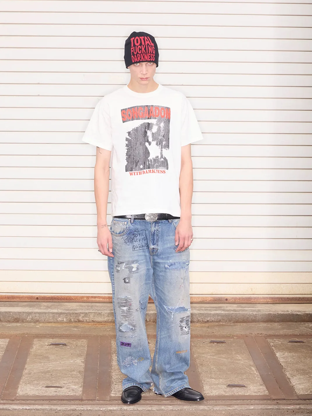 SONGAADON | Distressed Patchwork Embroidered Rhinestone Straight-Leg Jeans