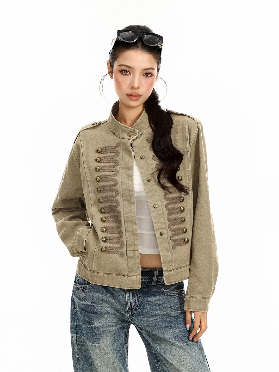 BIGGOLD | Cropped Stand Collar Braided Button Jacket