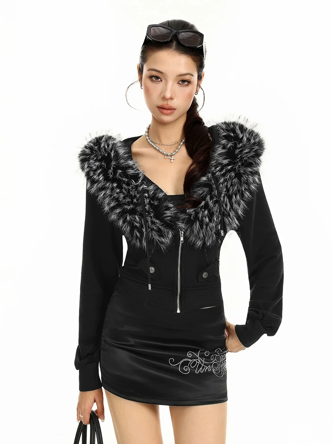BIGGOLD | Cropped Detachable Fur Trim Hooded Zip Jacket