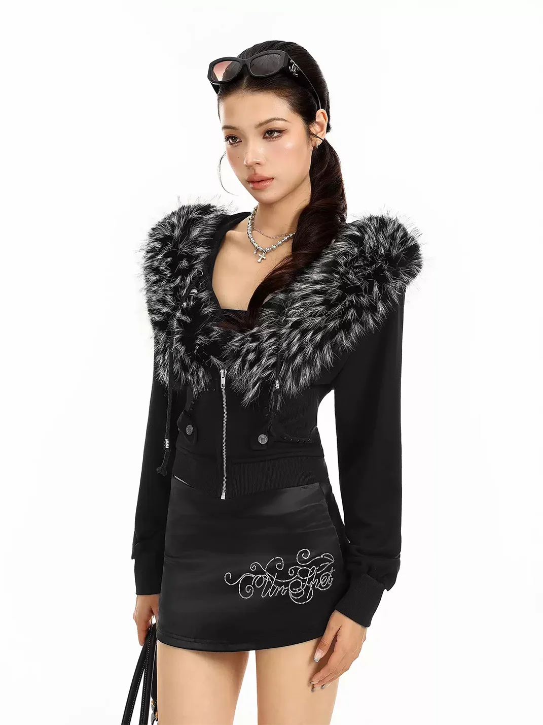 BIGGOLD | Cropped Detachable Fur Trim Hooded Zip Jacket