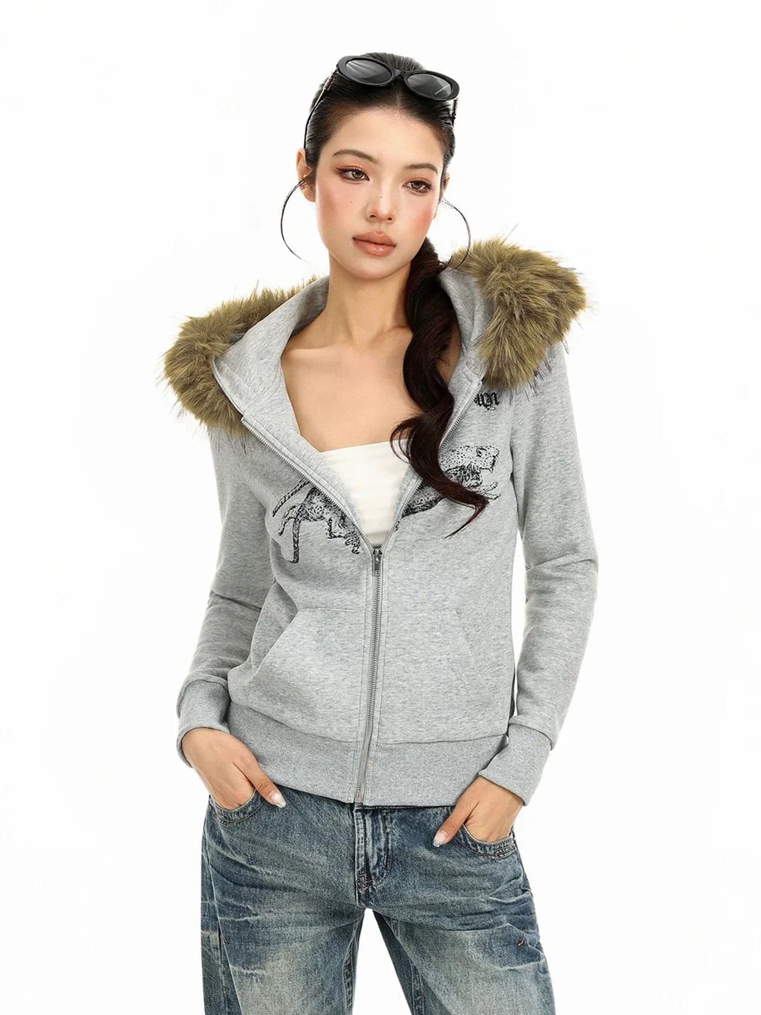 BIGGOLD | Slim Cheetah Graphic Faux Fur Trim Zip Hoodie