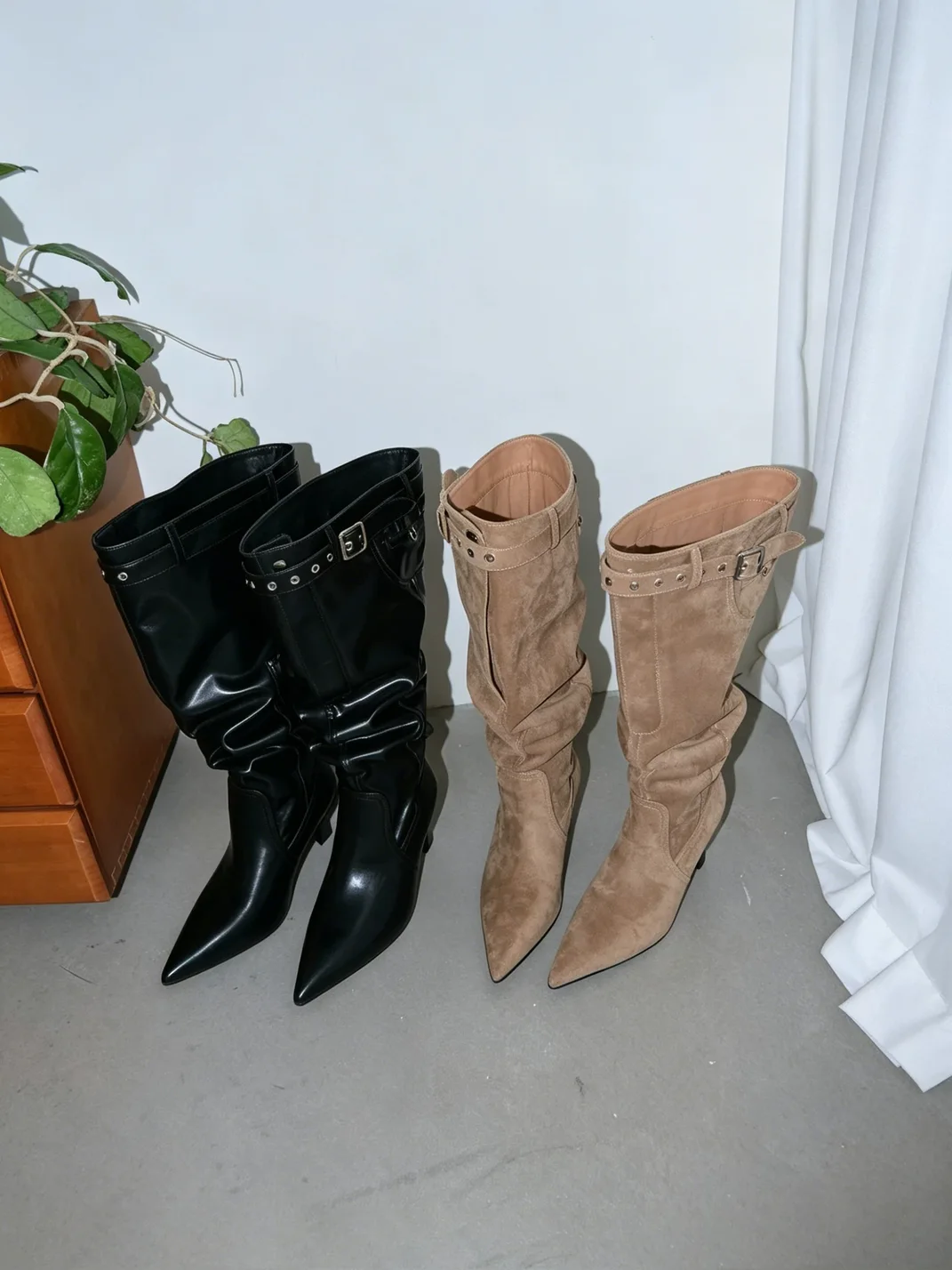 In lucky | Pointed Toe Ruched Stiletto Knee-High Boots