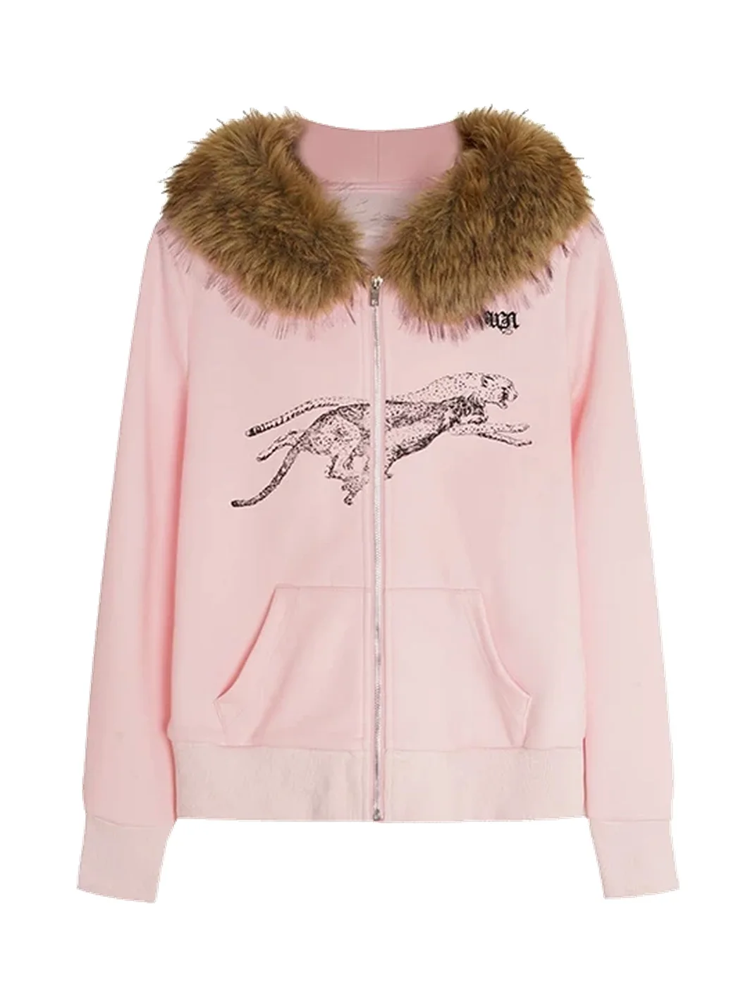 BIGGOLD | Slim Cheetah Graphic Faux Fur Trim Zip Hoodie
