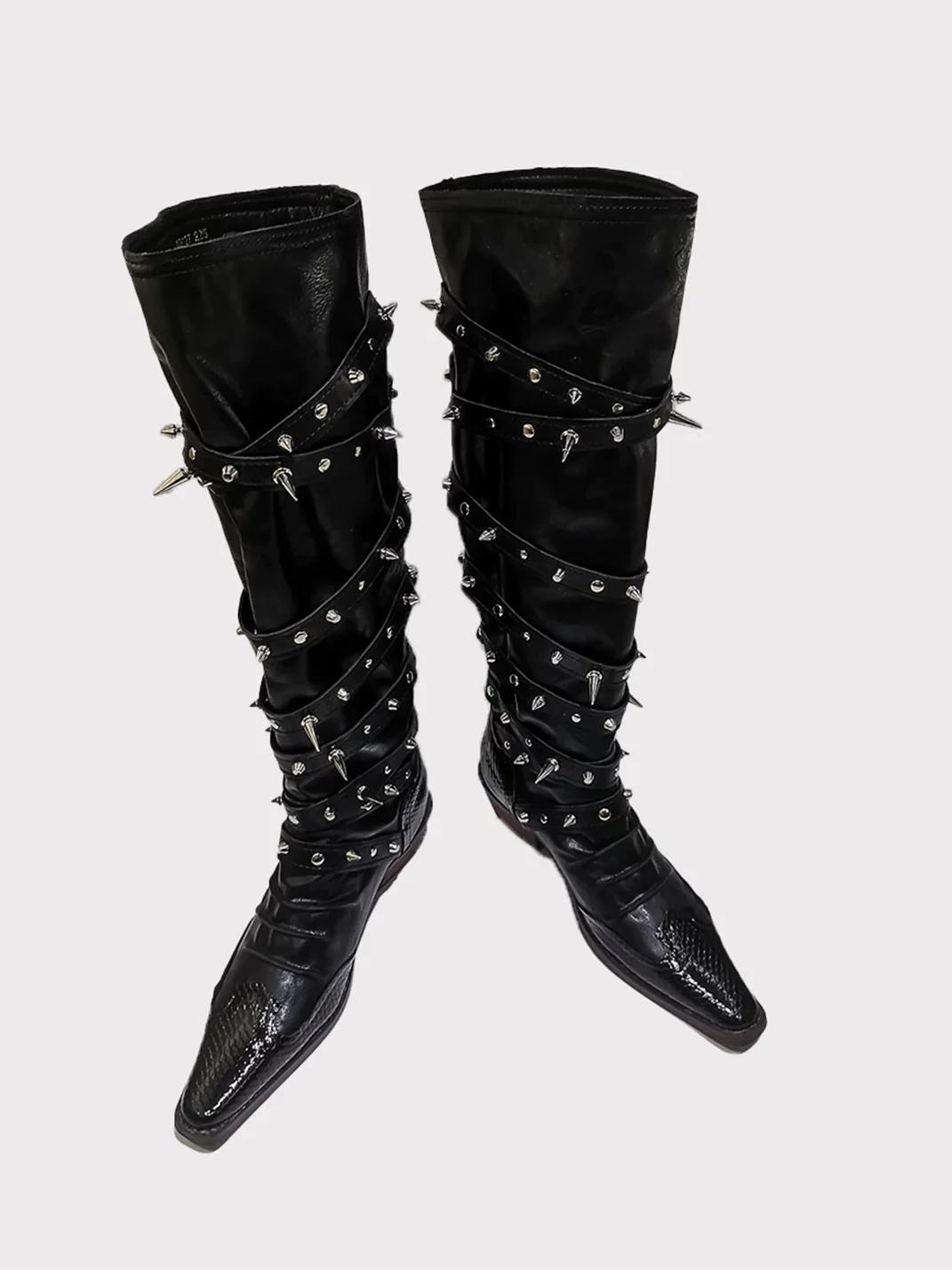 In lucky | Gothic Studded Pointed Toe Knee High Boots