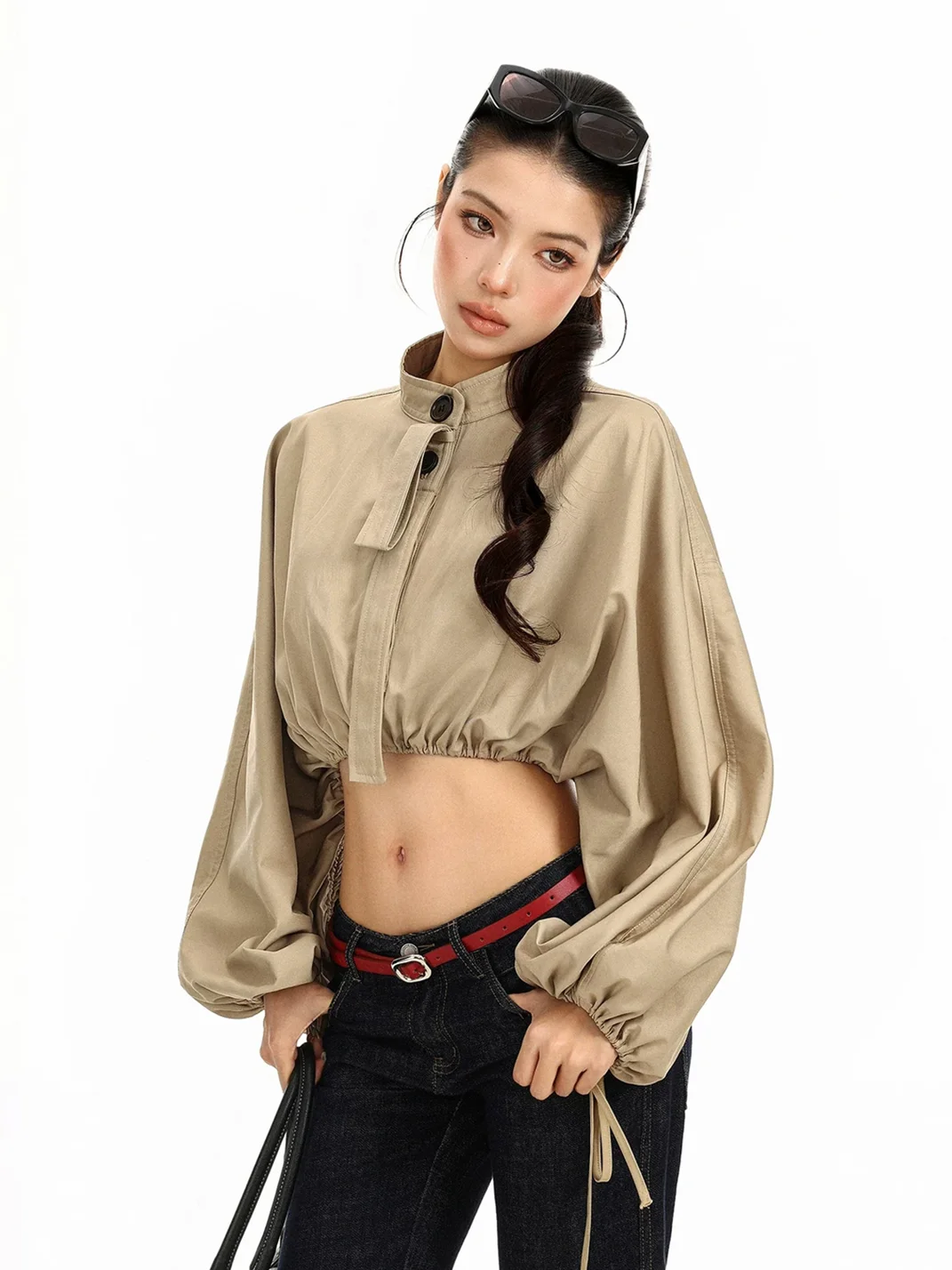 BIGGOLD | Khaki Stand Collar Drawstring Cropped Jacket