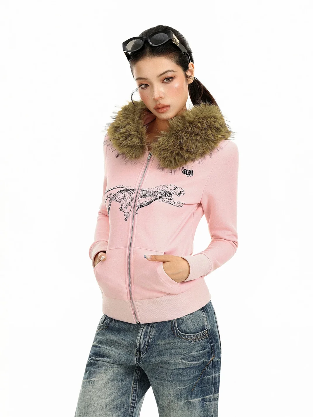 BIGGOLD | Slim Cheetah Graphic Faux Fur Trim Zip Hoodie