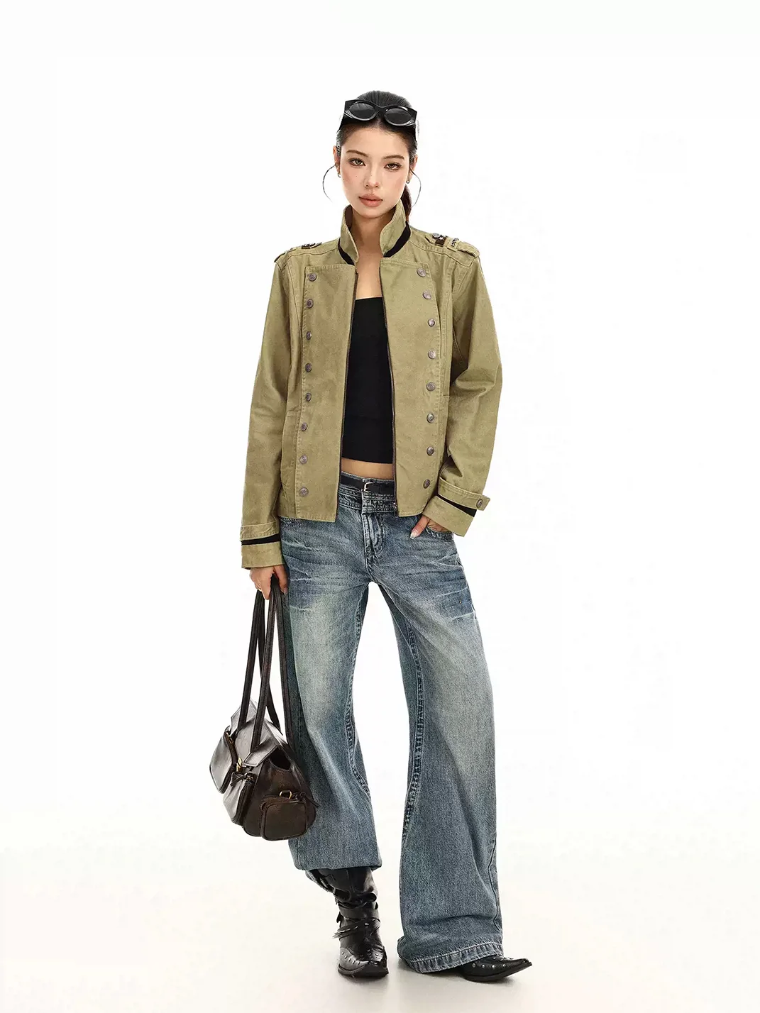 BIGGOLD | Cropped Double-Breasted Stand Collar Jacket