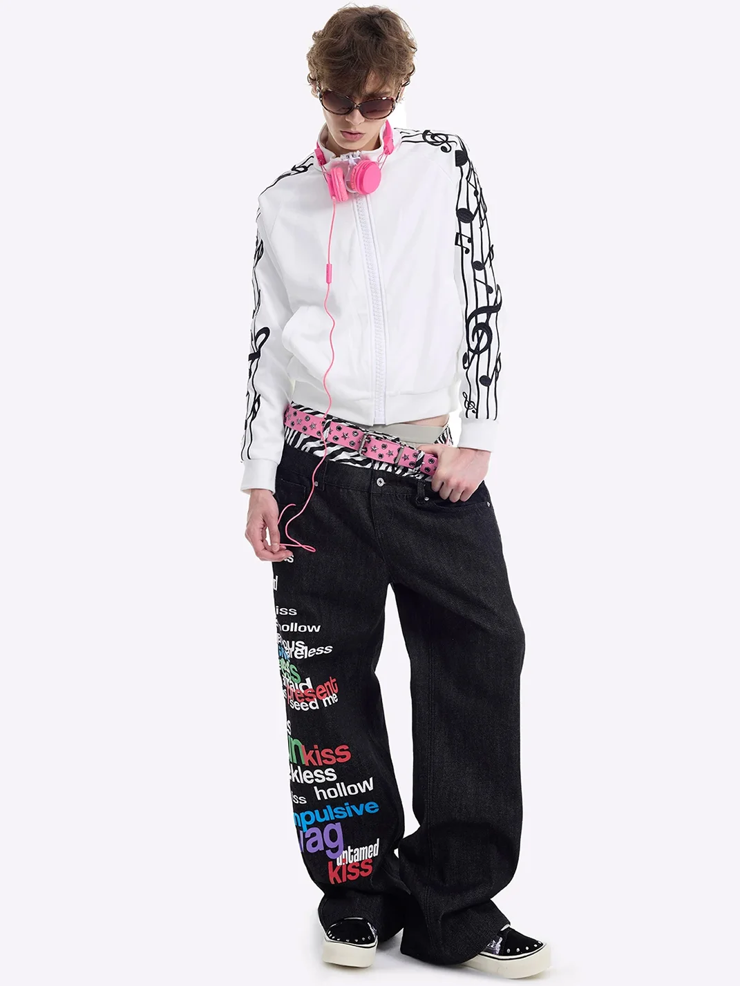 NumbAsia | Musical Note Embroidered Stand Collar Zip Jacket