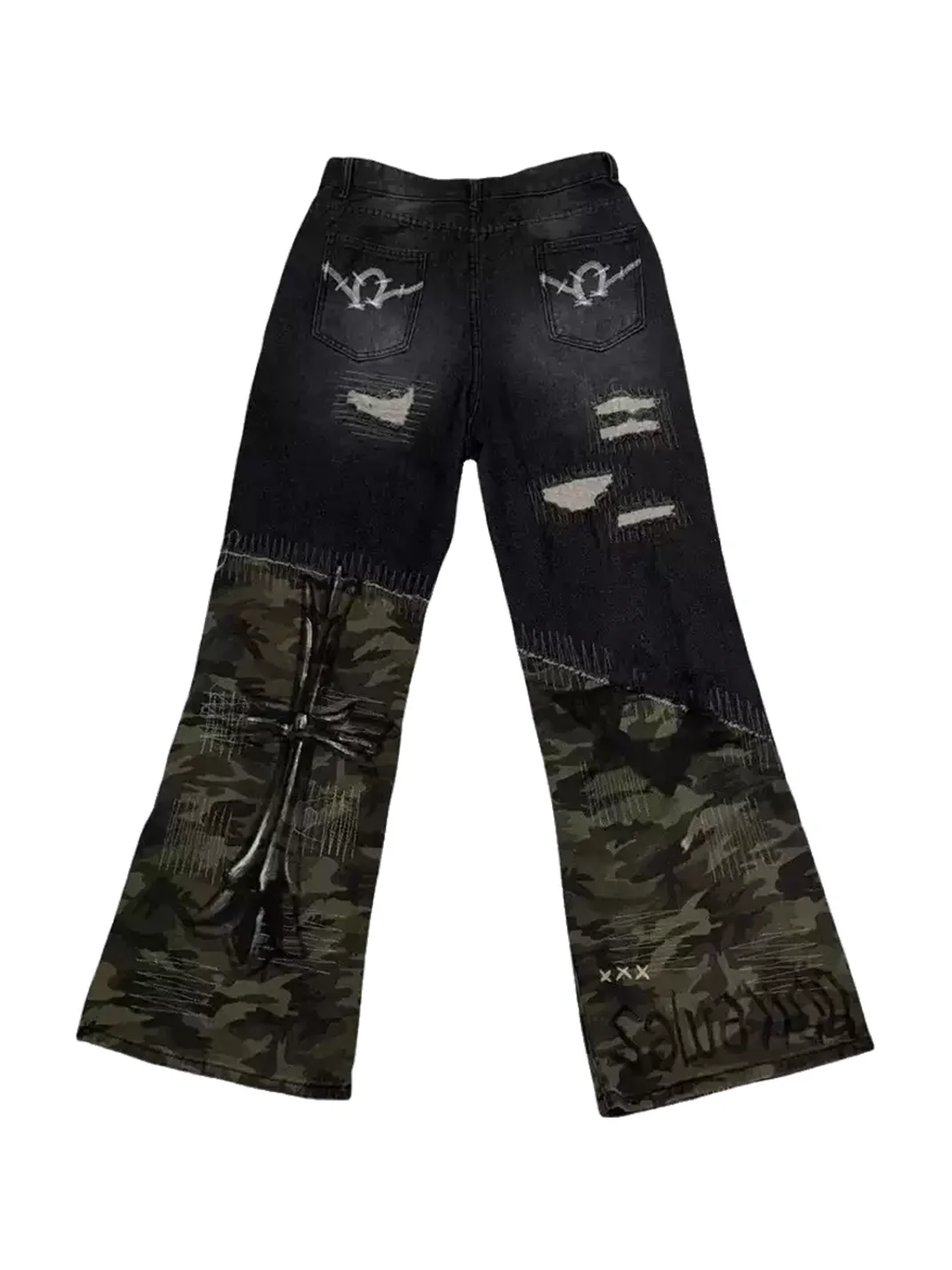 Carol's here | Hand-Painted Distressed Camouflage Patchwork Wide-Leg Jeans