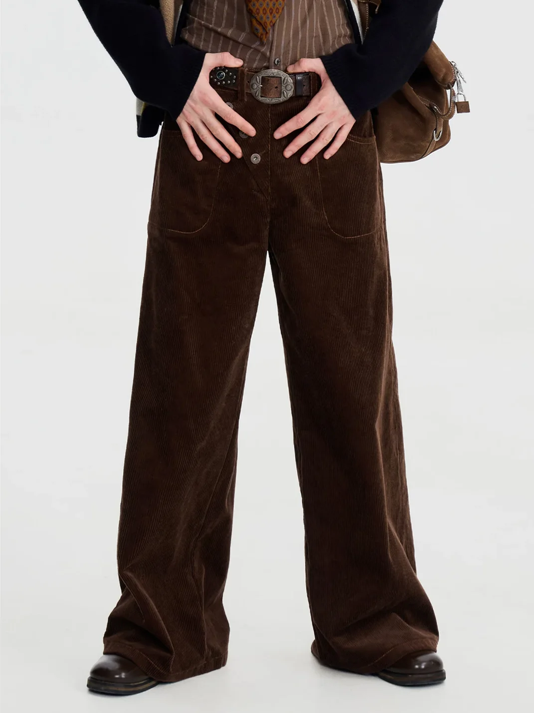 OPENFLY | Retro Corduroy Asymmetric Button Wide-Leg Pants