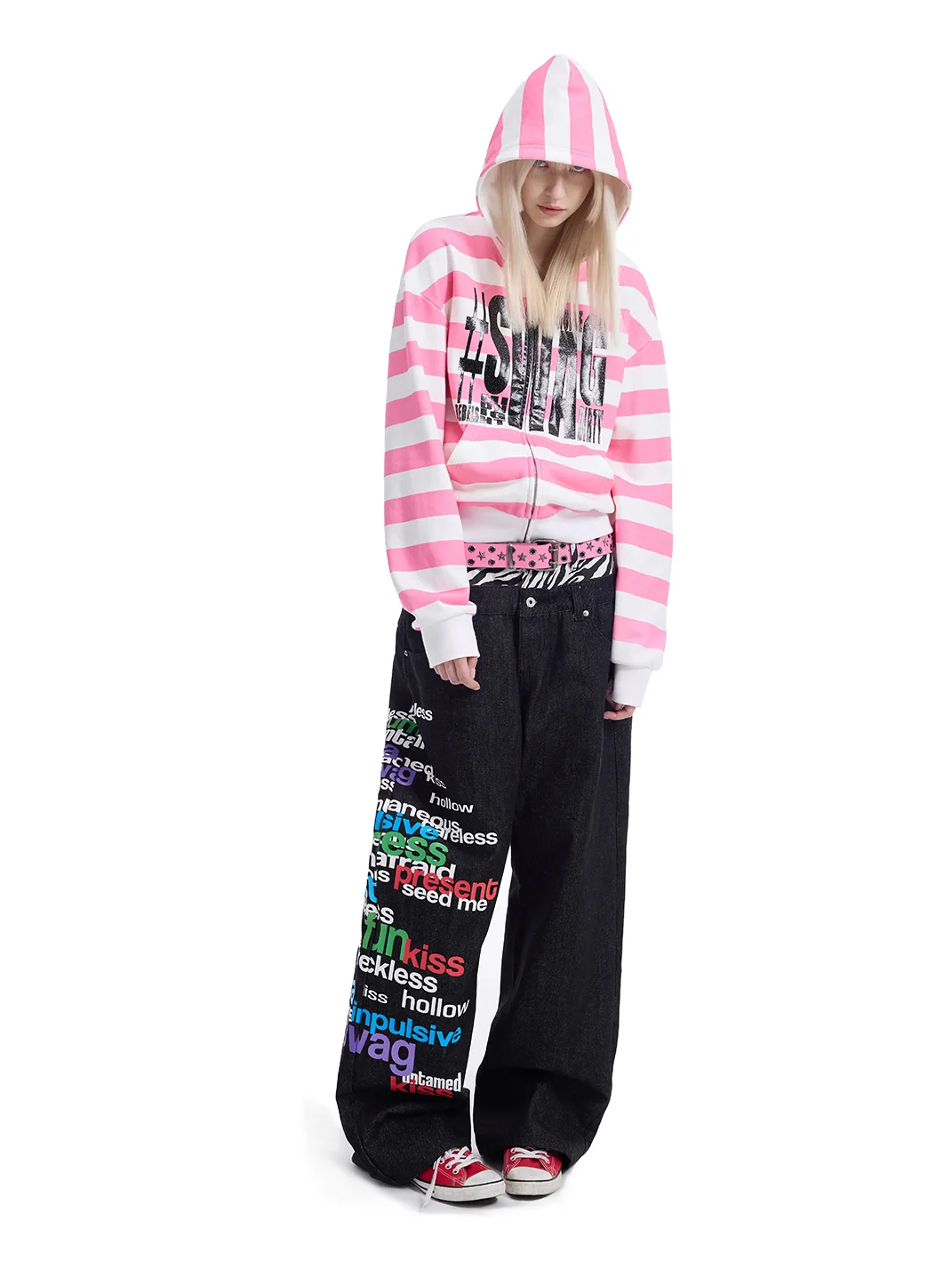 NumbAsia | Glitter Print Pink White Striped Zip Hoodie