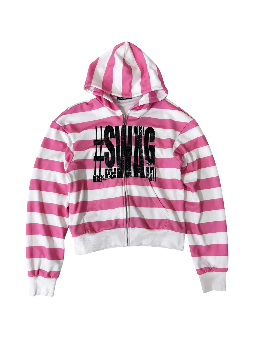 NumbAsia | Glitter Print Pink White Striped Zip Hoodie