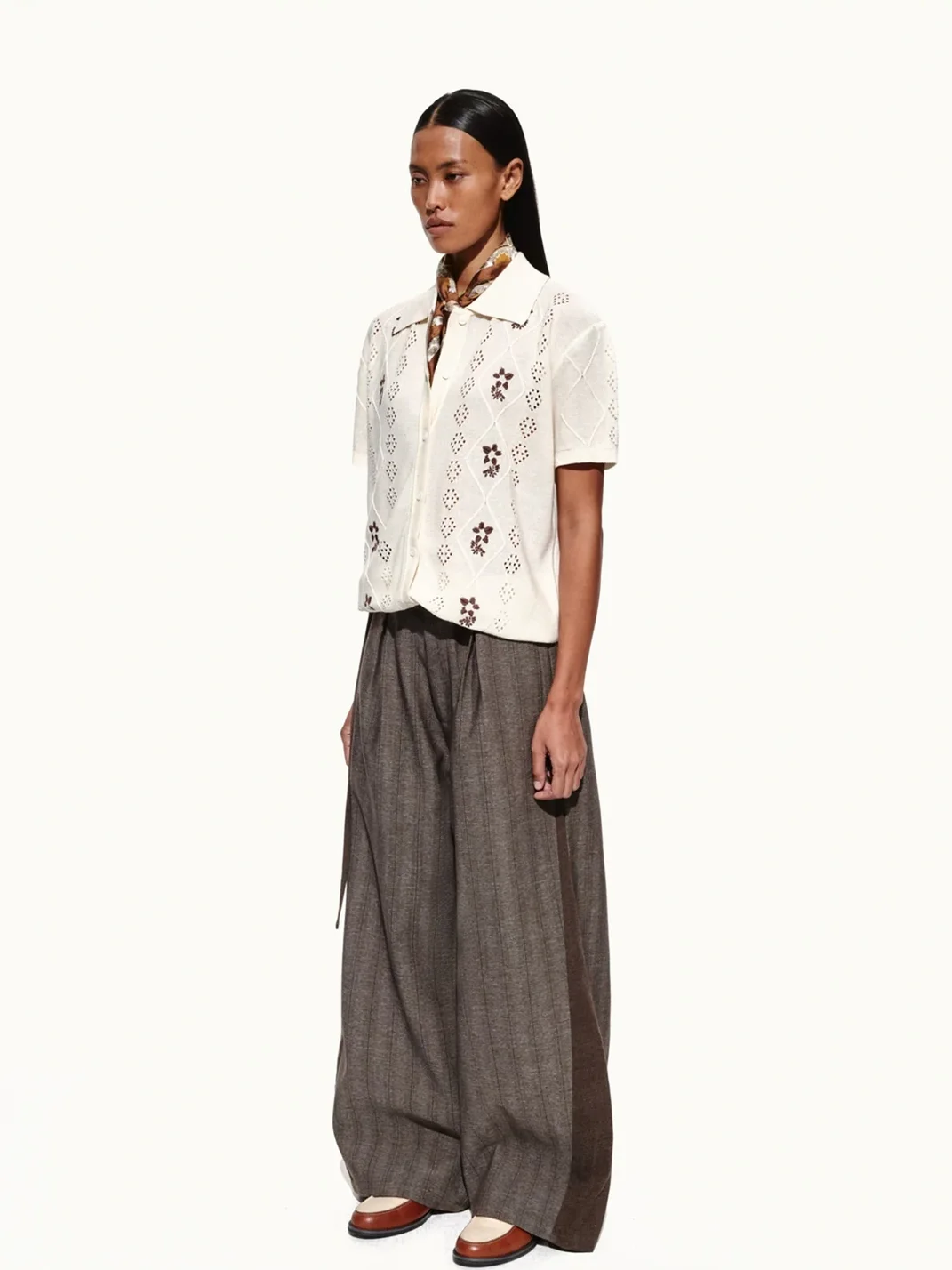 OPENFLY | Openwork Embroidered Short Sleeve Polo Cardigan