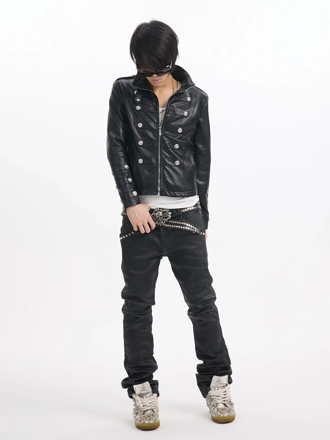 NumbAsia | Fitted Epaulet Button-Decorated Leather Jacket