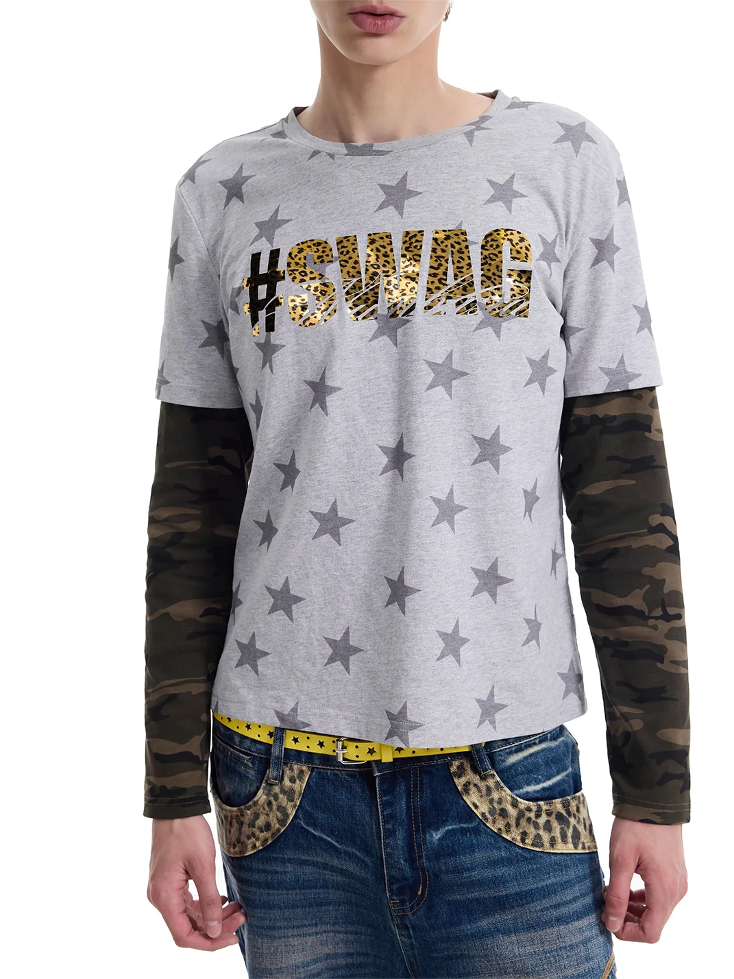 NumbAsia | Layered Star Camouflage Leopard Print Long Sleeve T-Shirt