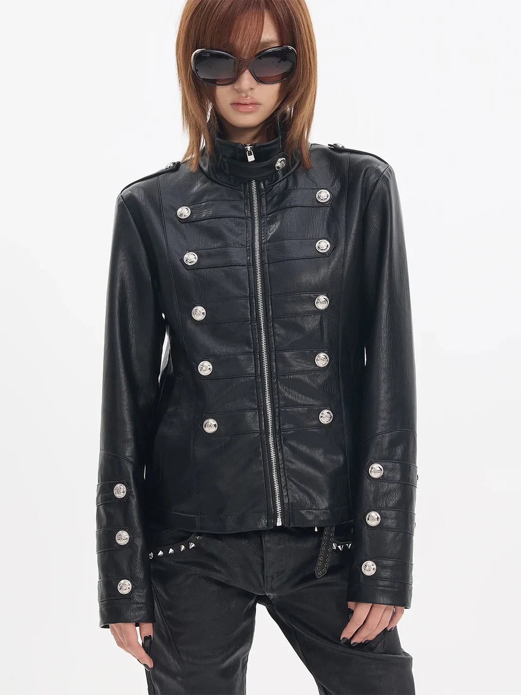 NumbAsia | Fitted Epaulet Button-Decorated Leather Jacket