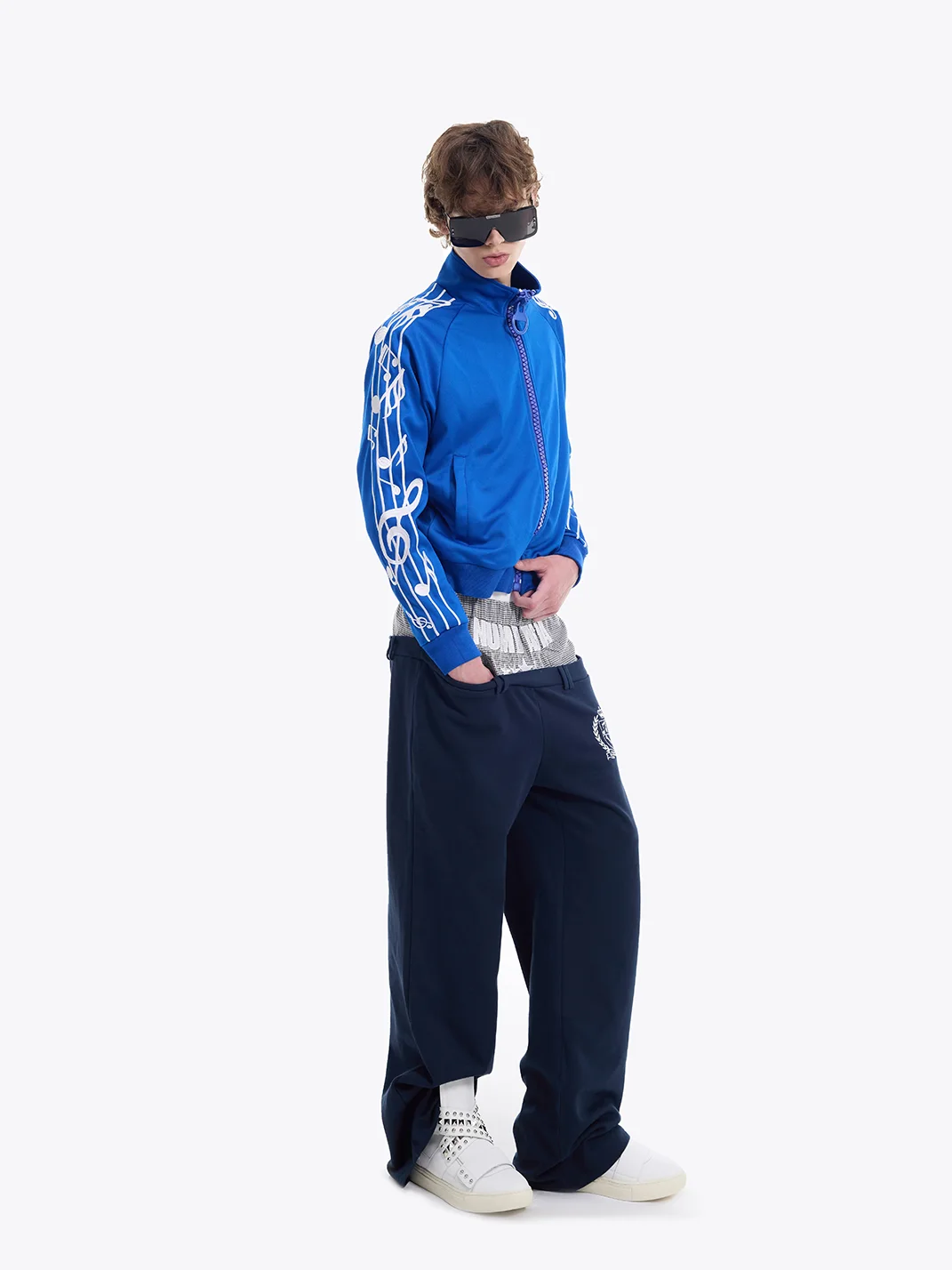 NumbAsia | Musical Note Embroidered Stand Collar Zip Jacket