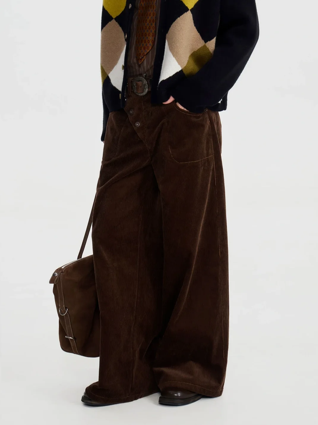 OPENFLY | Retro Corduroy Asymmetric Button Wide-Leg Pants