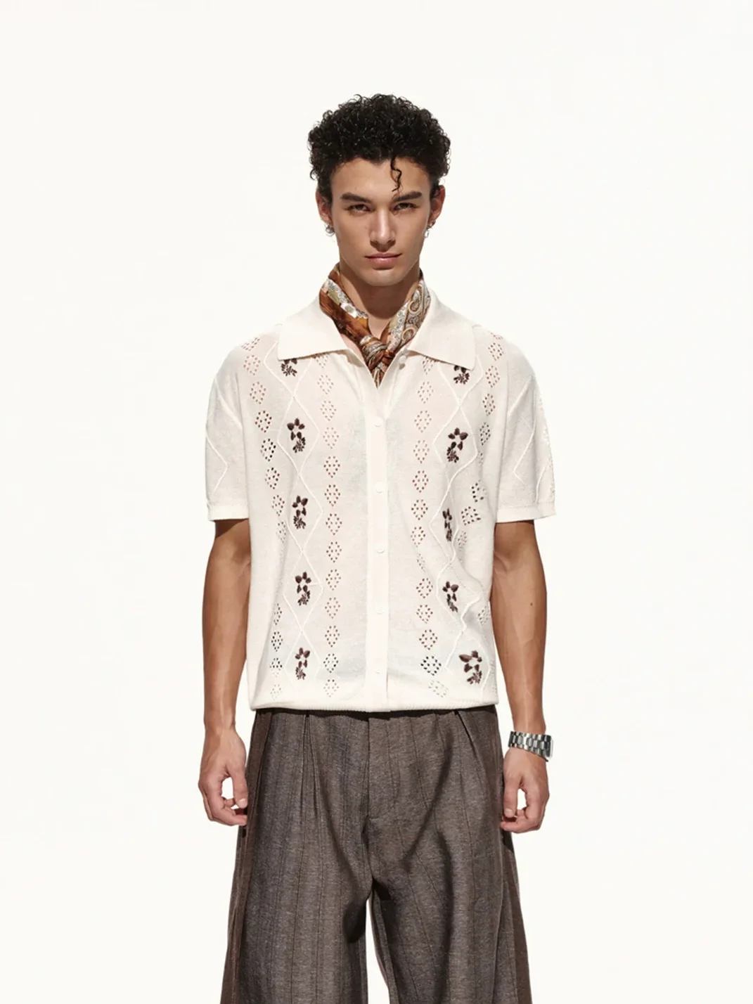 OPENFLY | Openwork Embroidered Short Sleeve Polo Cardigan