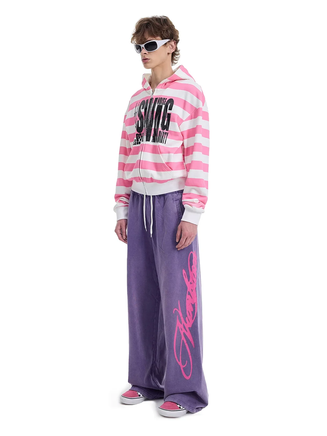NumbAsia | Glitter Print Pink White Striped Zip Hoodie