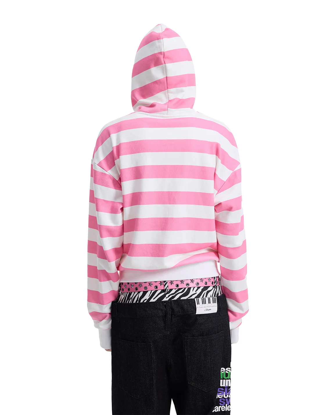 NumbAsia | Glitter Print Pink White Striped Zip Hoodie