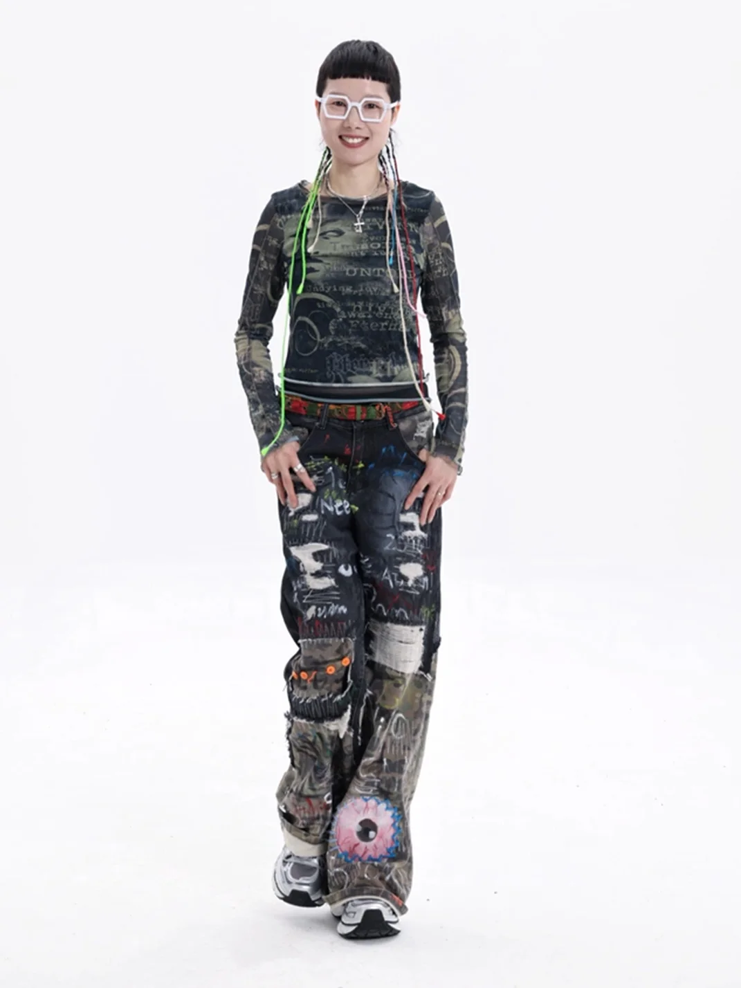 Carol's here | Hand-Painted Distressed Camouflage Patchwork Wide-Leg Jeans