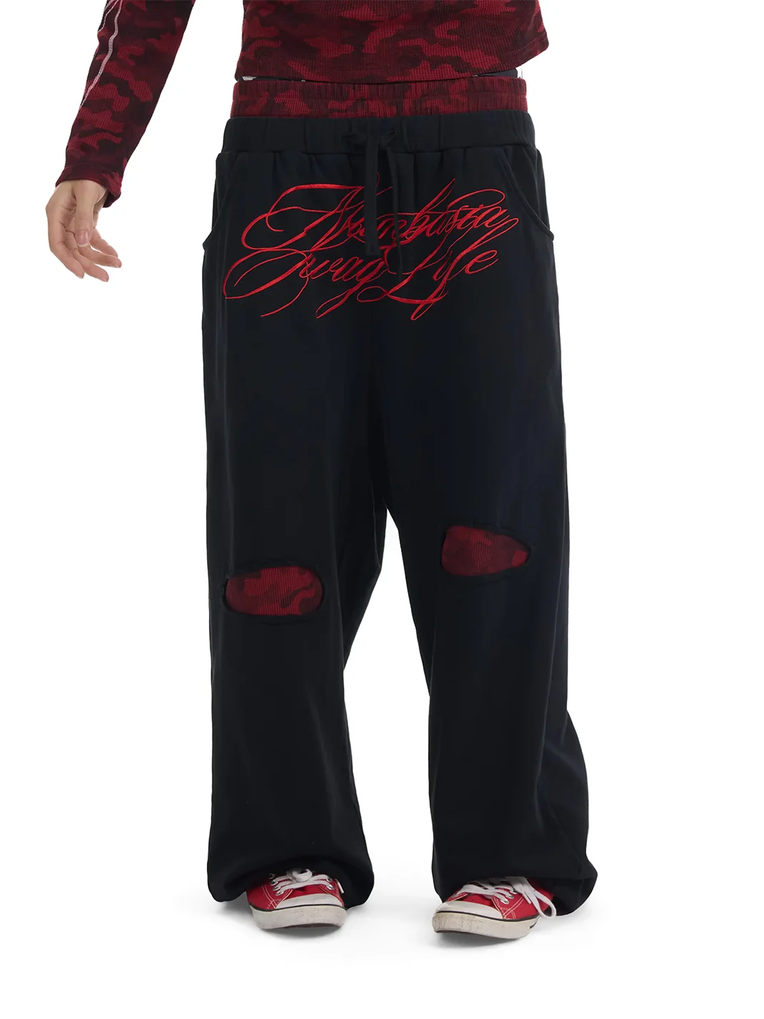 NumbAsia | Red Camouflage Distressed Baggy Sweatpants