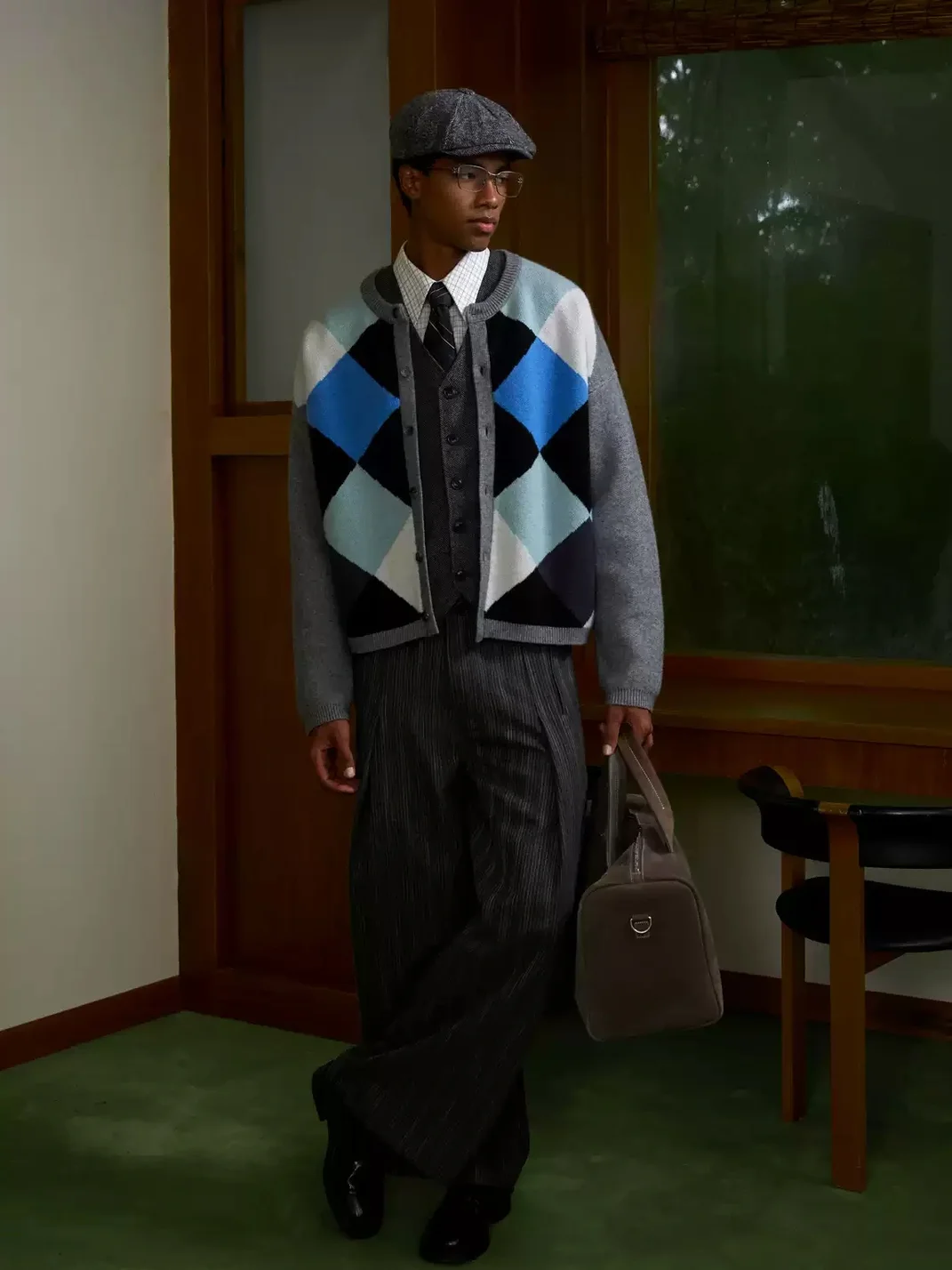 OPENFLY | Argyle Contrast Loose Knit Cardigan