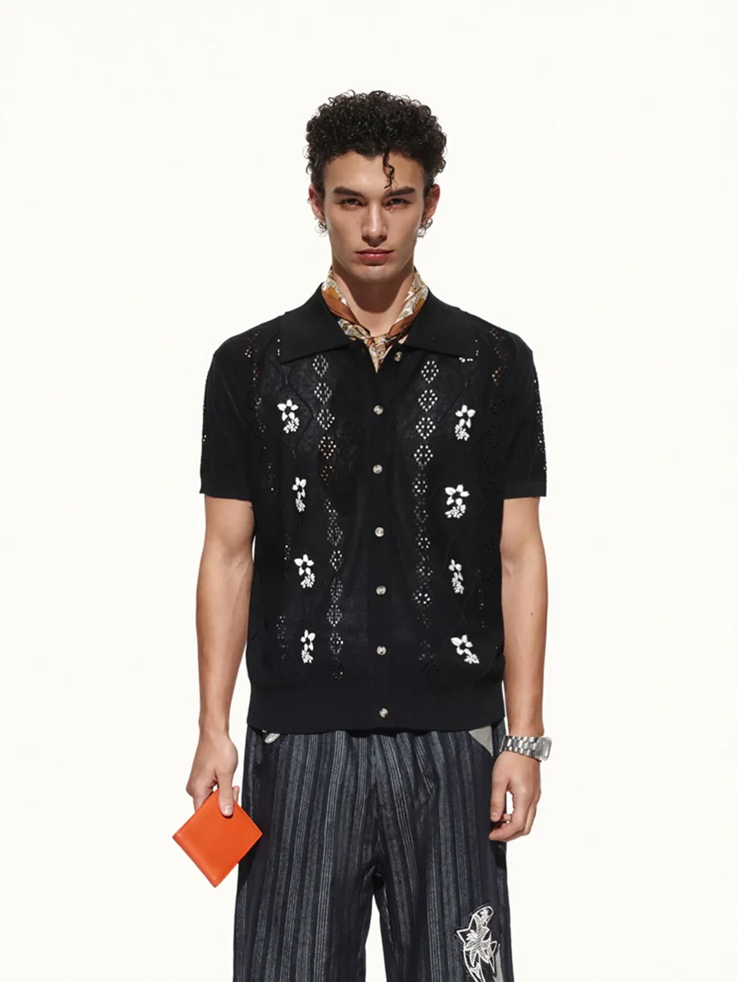 OPENFLY | Openwork Embroidered Short Sleeve Polo Cardigan
