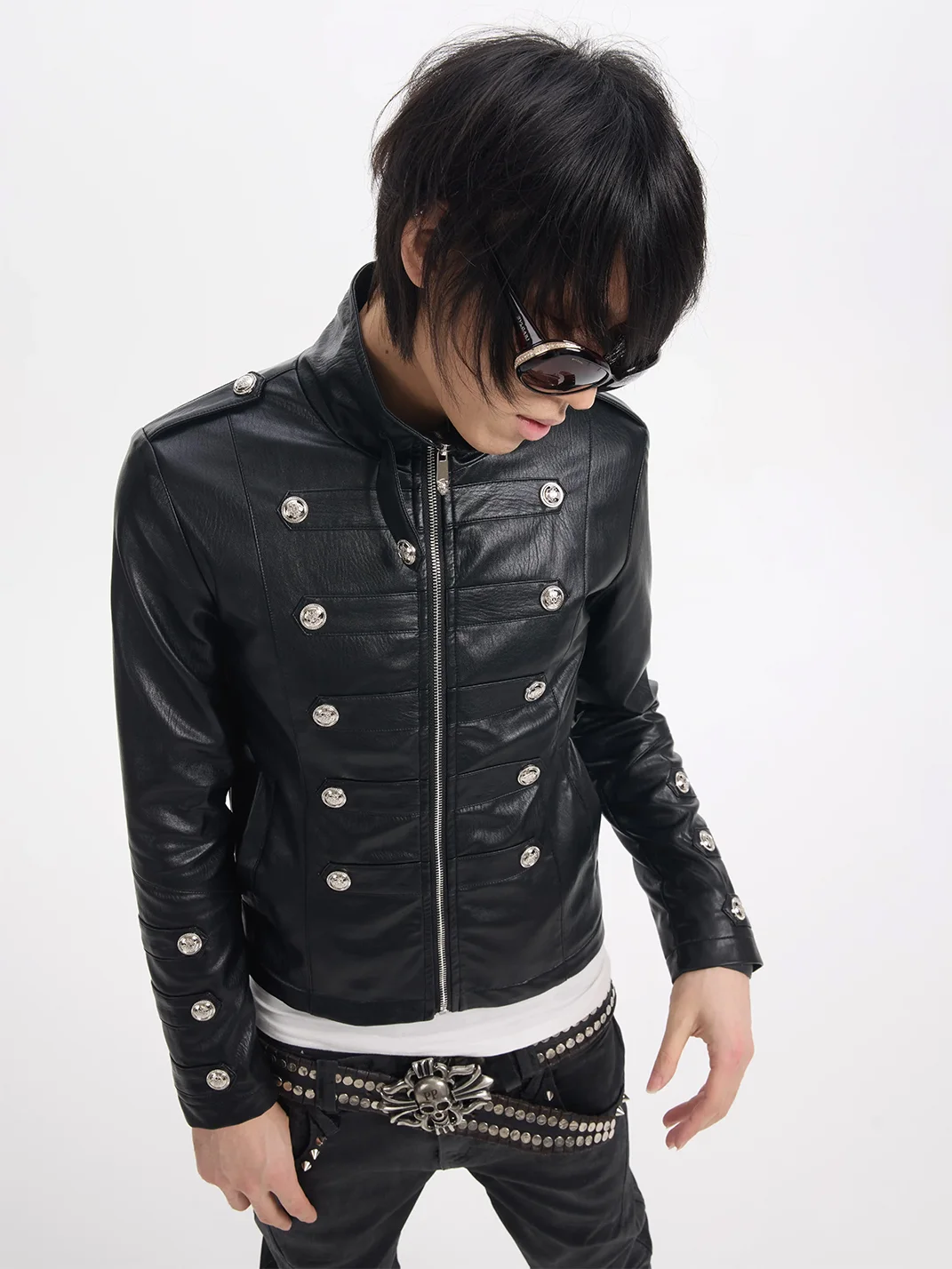 NumbAsia | Fitted Epaulet Button-Decorated Leather Jacket