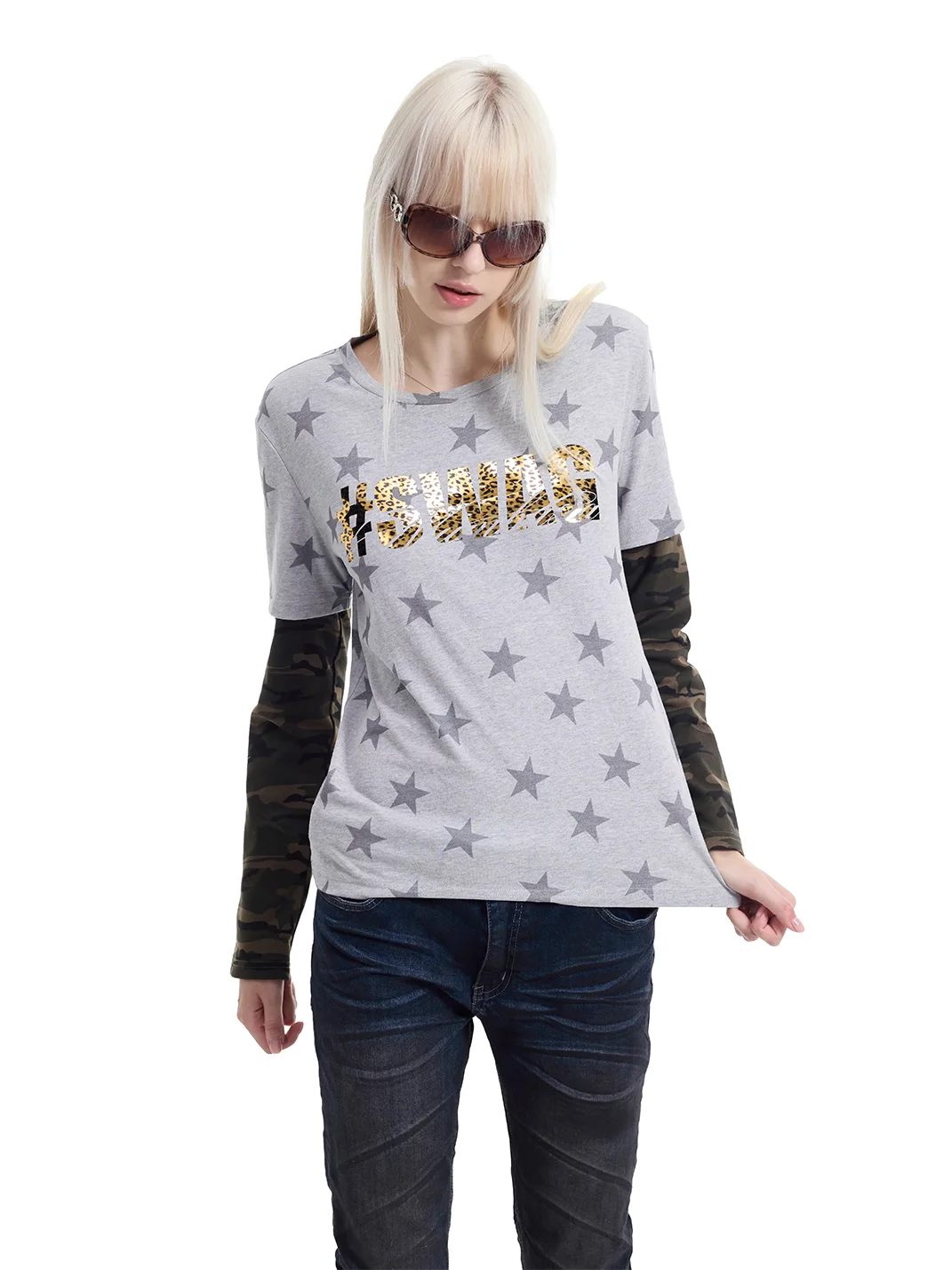 NumbAsia | Layered Star Camouflage Leopard Print Long Sleeve T-Shirt