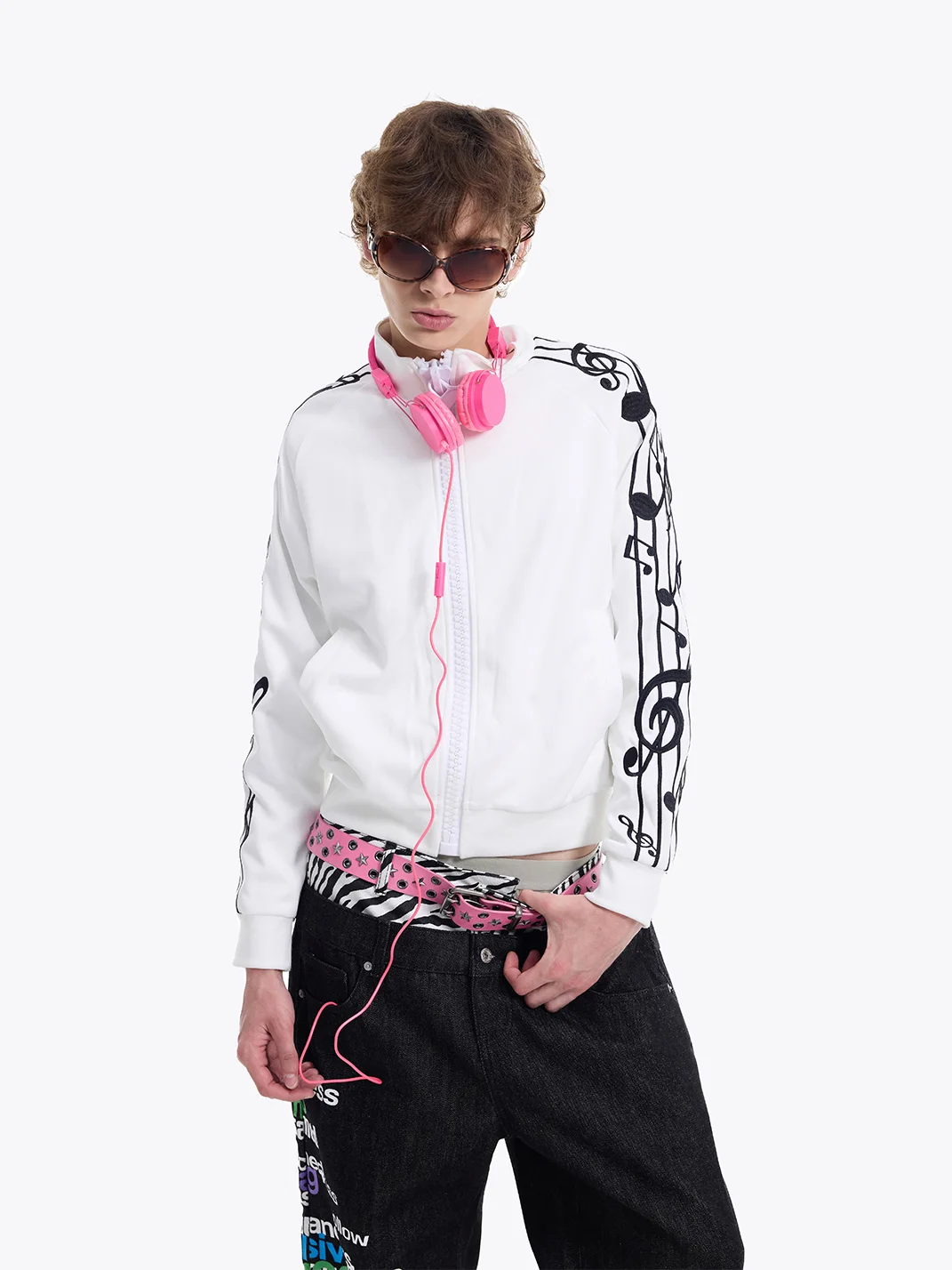NumbAsia | Musical Note Embroidered Stand Collar Zip Jacket