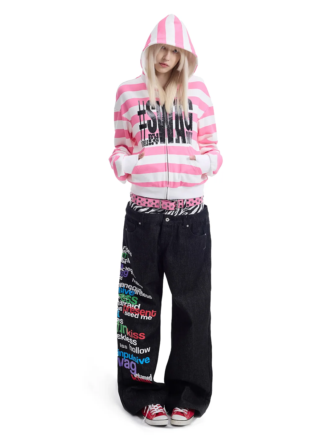 NumbAsia | Glitter Print Pink White Striped Zip Hoodie