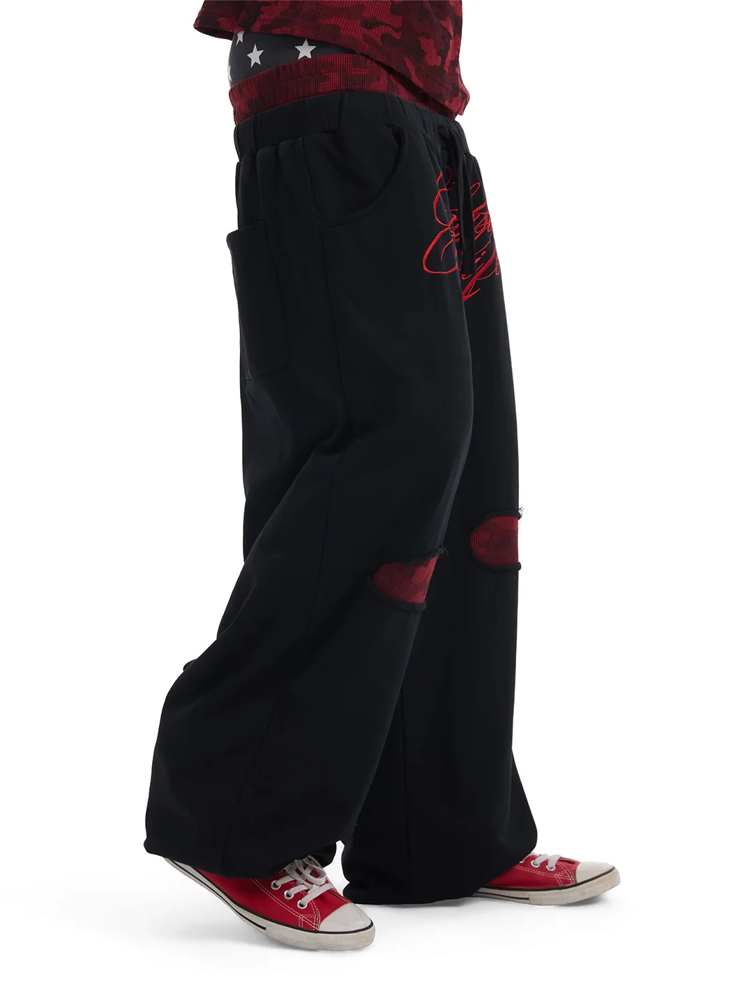 NumbAsia | Red Camouflage Distressed Baggy Sweatpants