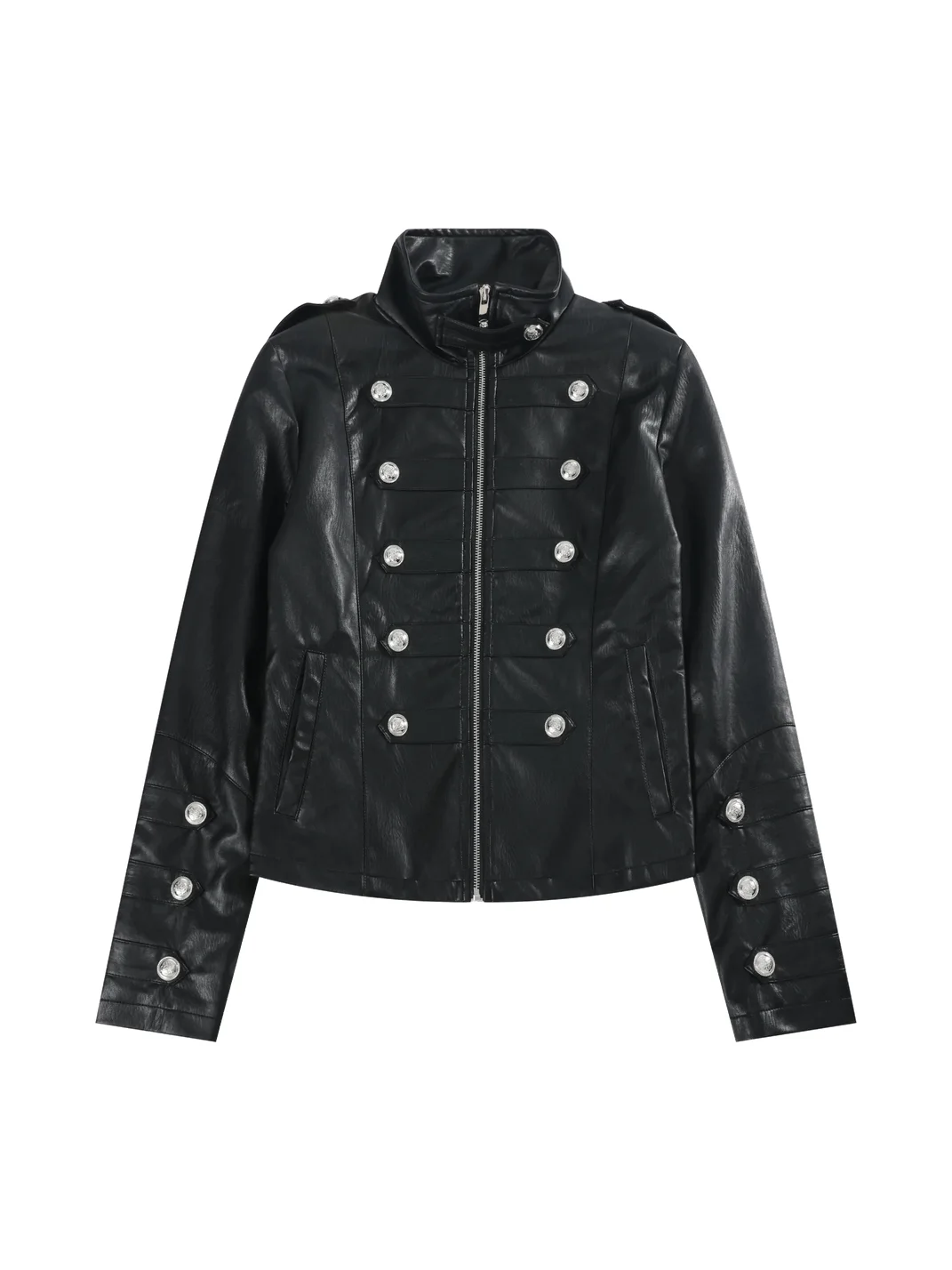 NumbAsia | Fitted Epaulet Button-Decorated Leather Jacket