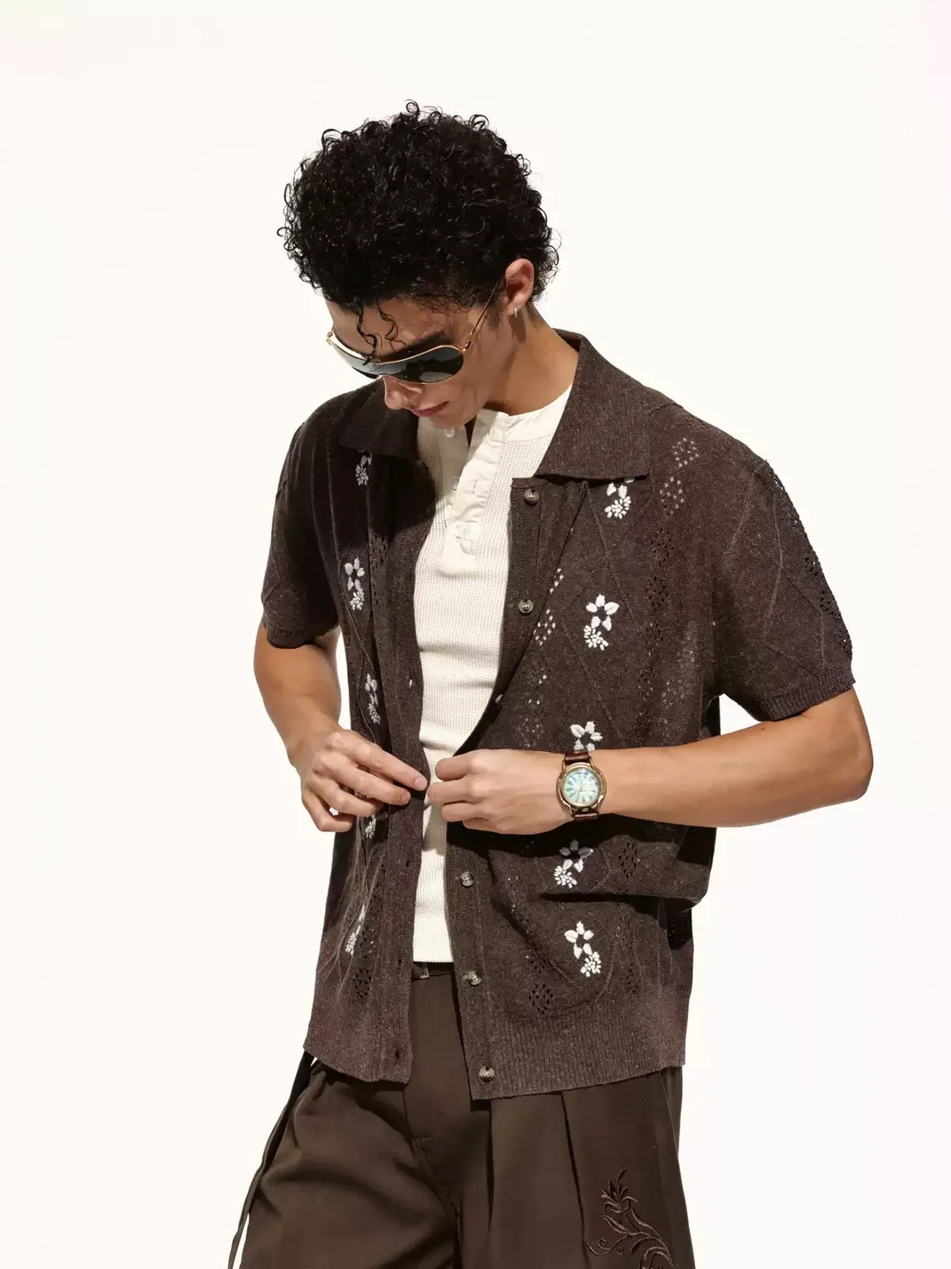 OPENFLY | Openwork Embroidered Short Sleeve Polo Cardigan